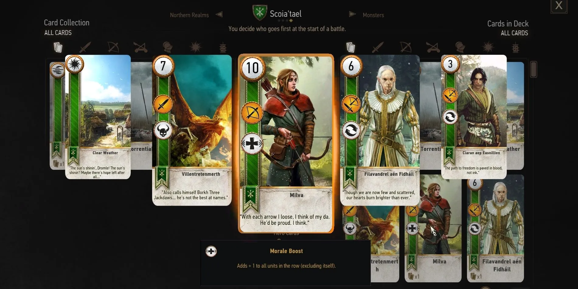 Thẻ bài Milva trong GWENT: The Witcher Card Game, minh họa cho lối chơi thẻ bài chiến thuật