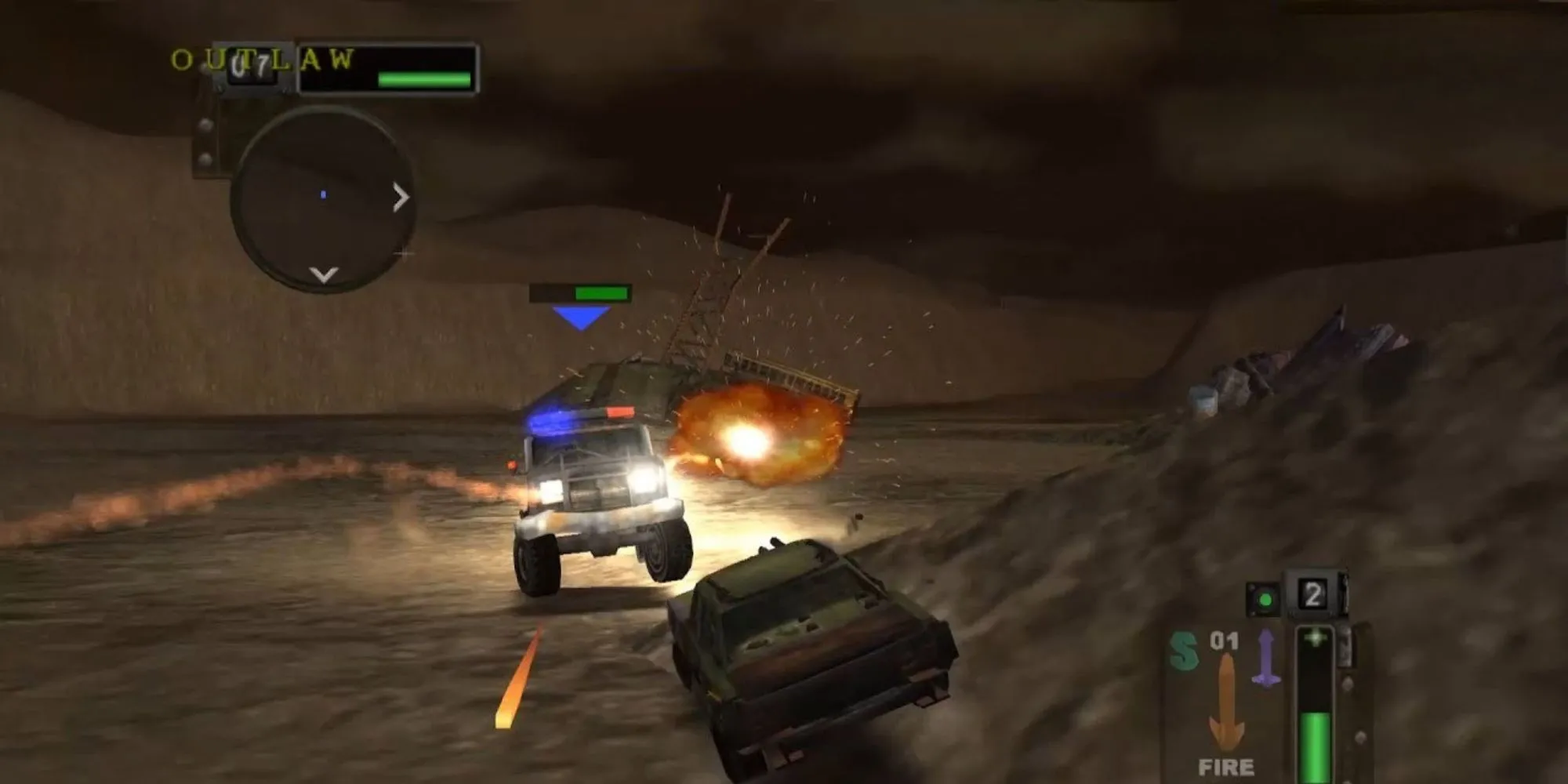 Cảnh giao tranh giữa các xe trong Twisted Metal Black trên PS2