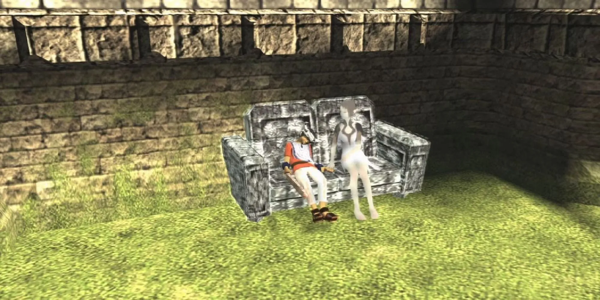 Ico và Yorda đứng cạnh điểm lưu game trong Ico PS2