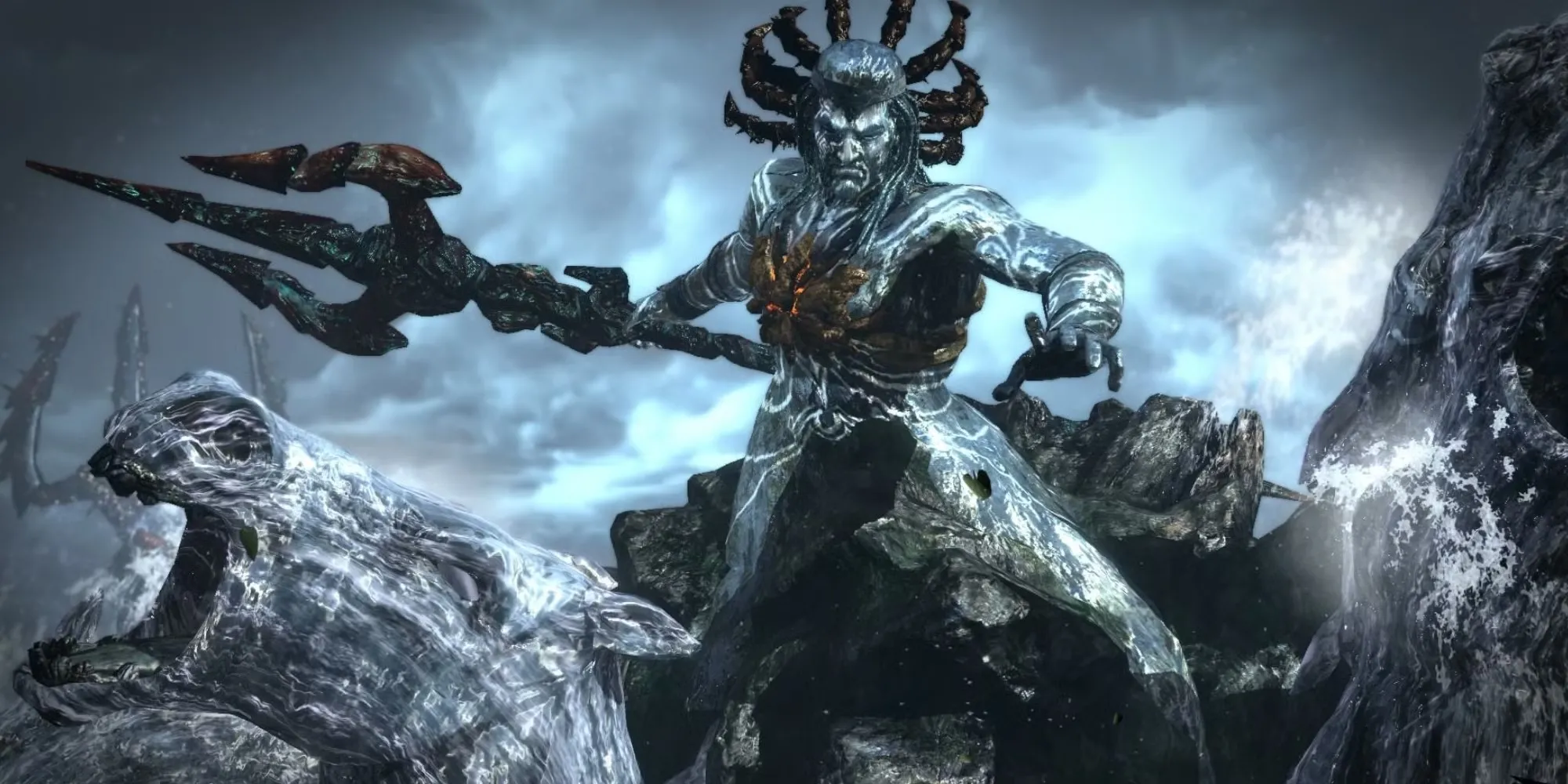 Kratos, nhân vật chính trong God of War III, đang chiến đấu với thần biển Poseidon