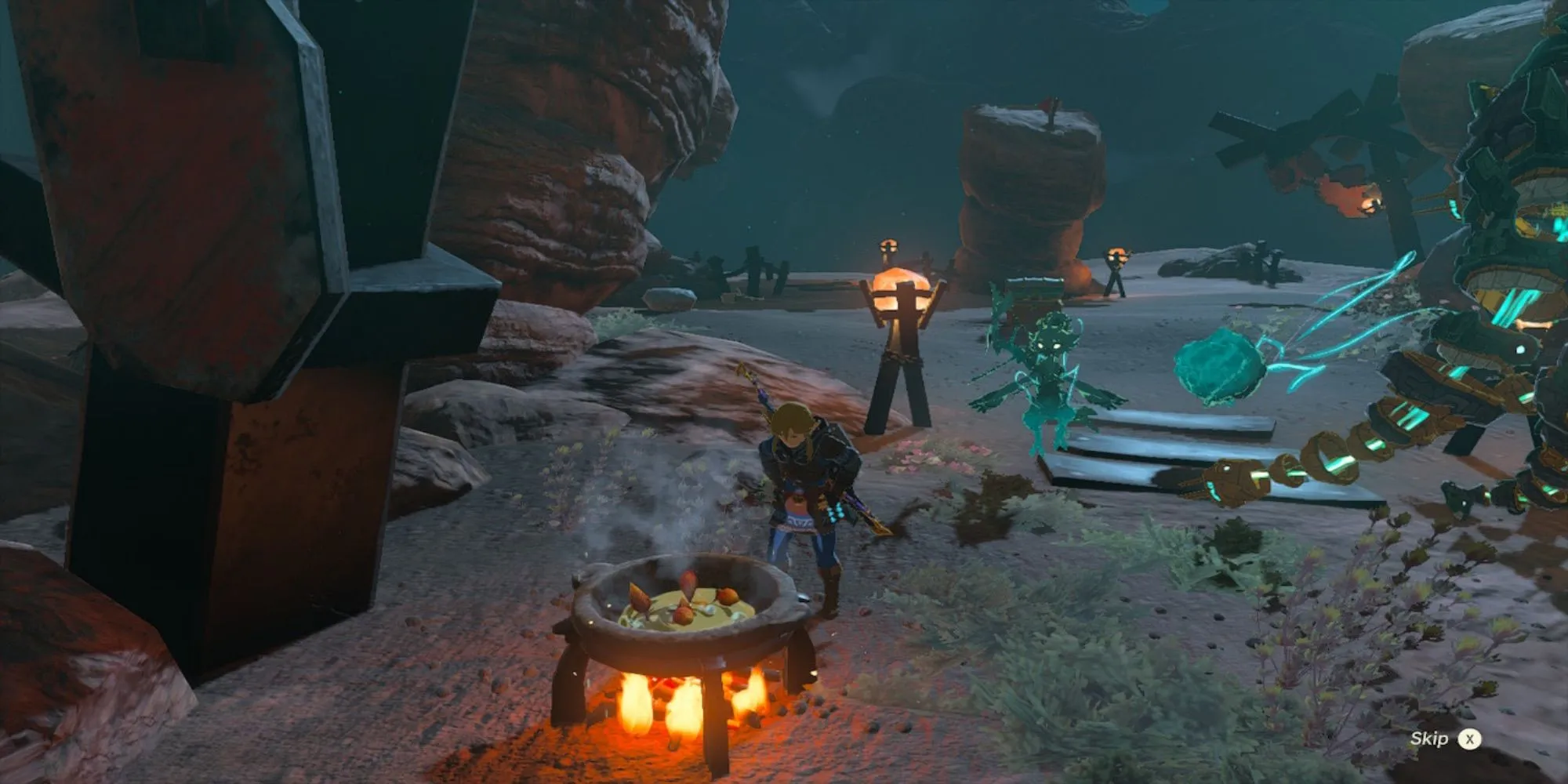 Link đang sử dụng bếp lửa để nấu ăn trong The Legend of Zelda: Tears of the Kingdom, minh họa hệ thống tạo buff và hồi máu.