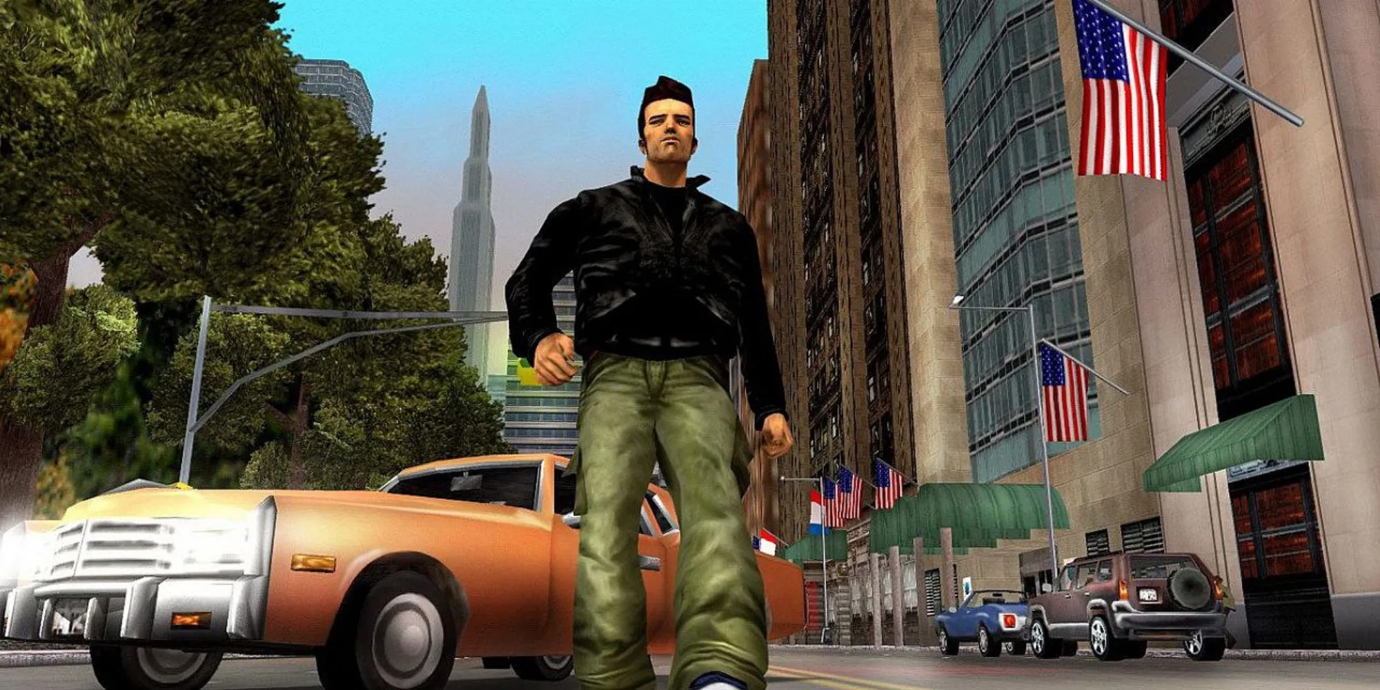Nhân vật chính Claude trong Grand Theft Auto III trên PS2 đứng trên cầu
