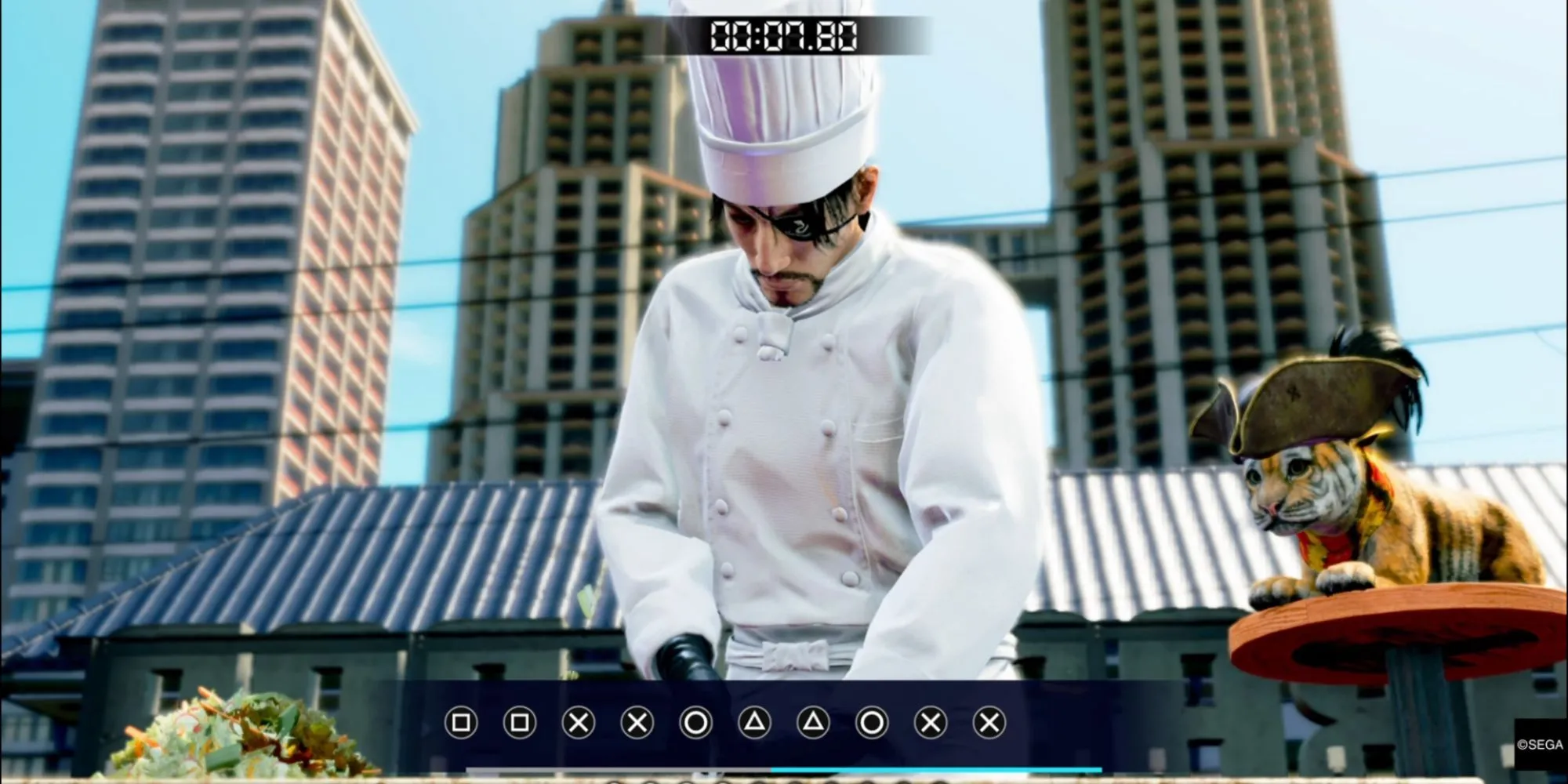 Nhân vật chính đang chuẩn bị bữa ăn tại Goro Goro Kitchen trong Like A Dragon: Pirate Yakuza In Hawaii, minh họa cơ chế hồi phục và buff.