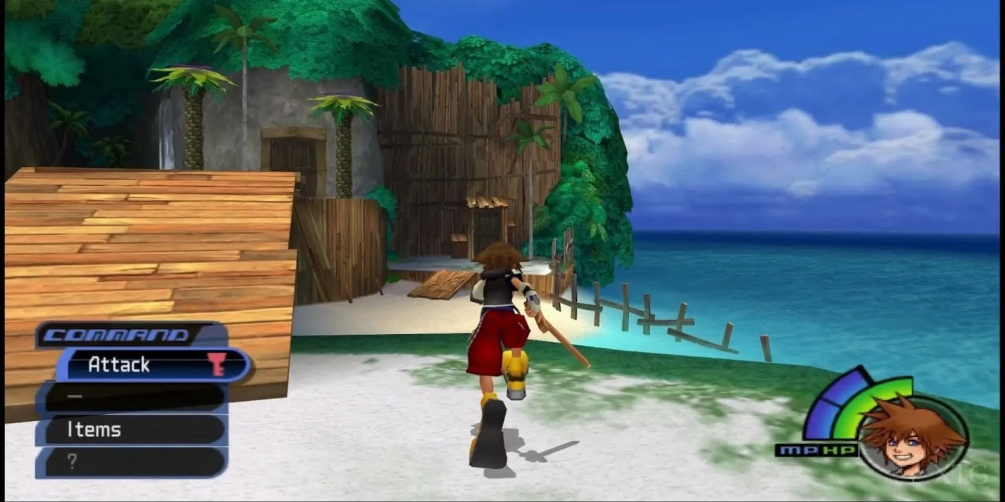 Sora, Goofy và Donald trong một cảnh chiến đấu từ Kingdom Hearts 1 trên PS2