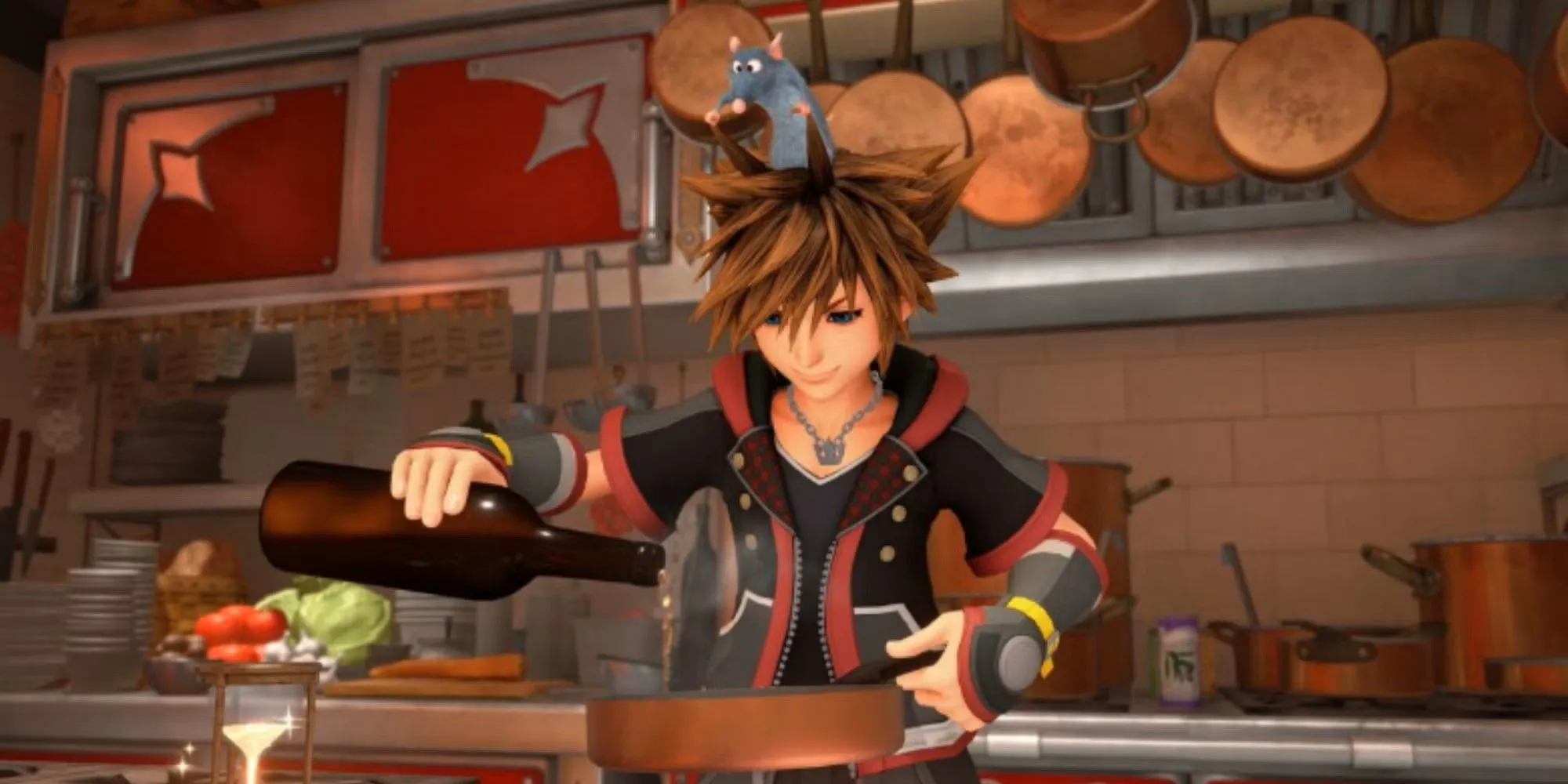 Sora và chuột Remy từ Ratatouille cùng tham gia mini-game nấu ăn trong Kingdom Hearts 3, thể hiện tính năng bổ trợ độc đáo.