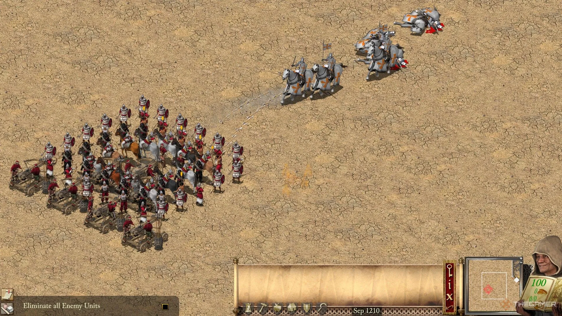 Các máy bắn đá lửa Ả Rập ngăn chặn đợt xung phong của Hiệp Sĩ châu Âu trong Stronghold Crusader, cho thấy sức mạnh của quân lính đánh thuê.
