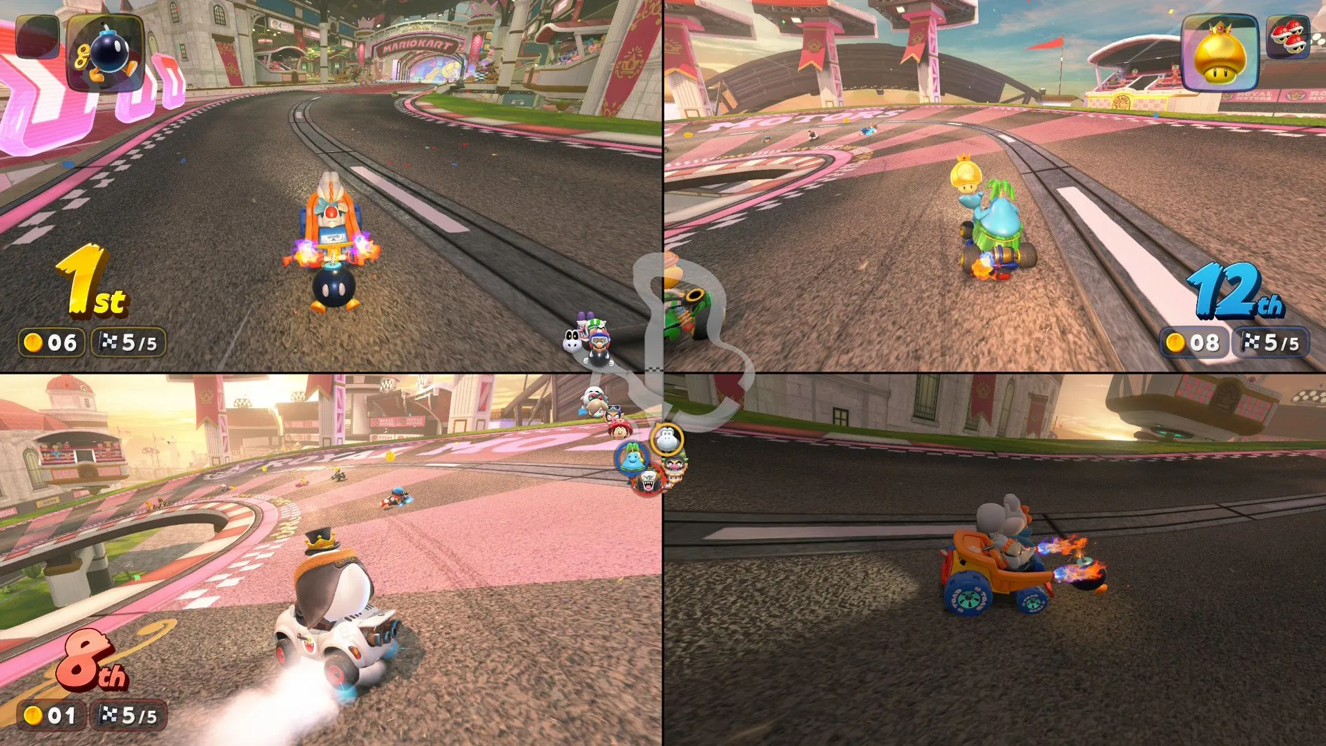 Cảnh 24 người chơi cùng lúc đua xe trong một cuộc đua hỗn loạn nhưng thú vị ở Mario Kart World