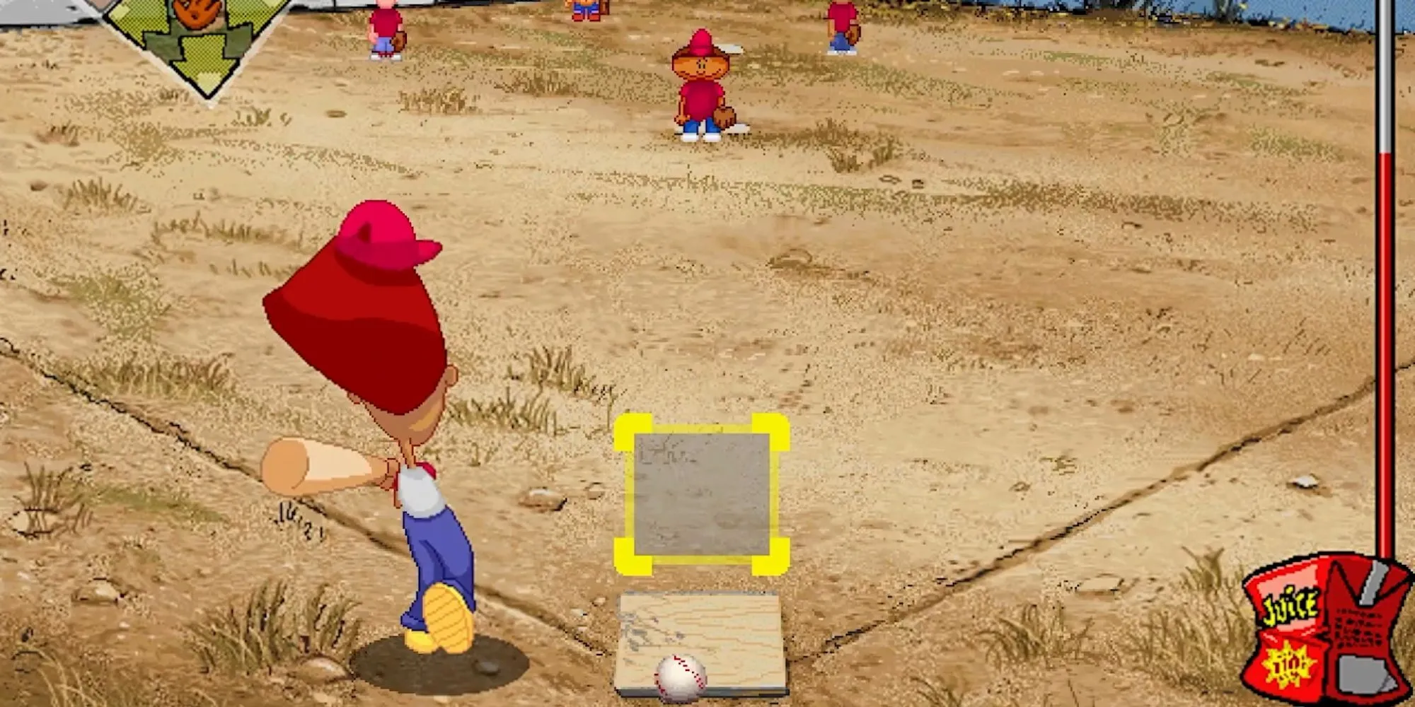 Cảnh người chơi đang thực hiện cú đánh trong trận đấu game Backyard Baseball