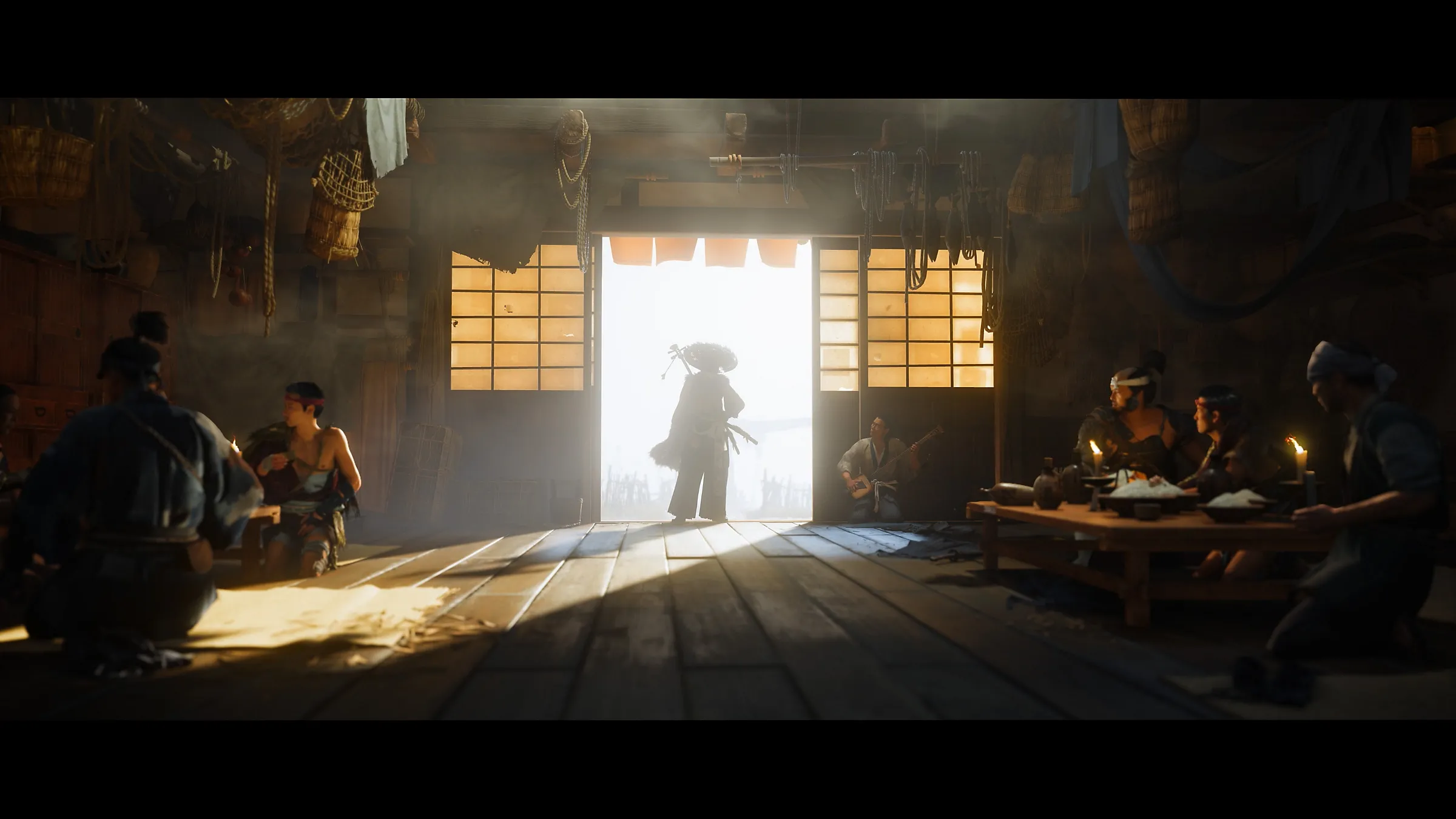 Cảnh trong Ghost of Yotei: Nhân vật chính Atsu đối mặt với kẻ thù trong trang phục samurai truyền thống