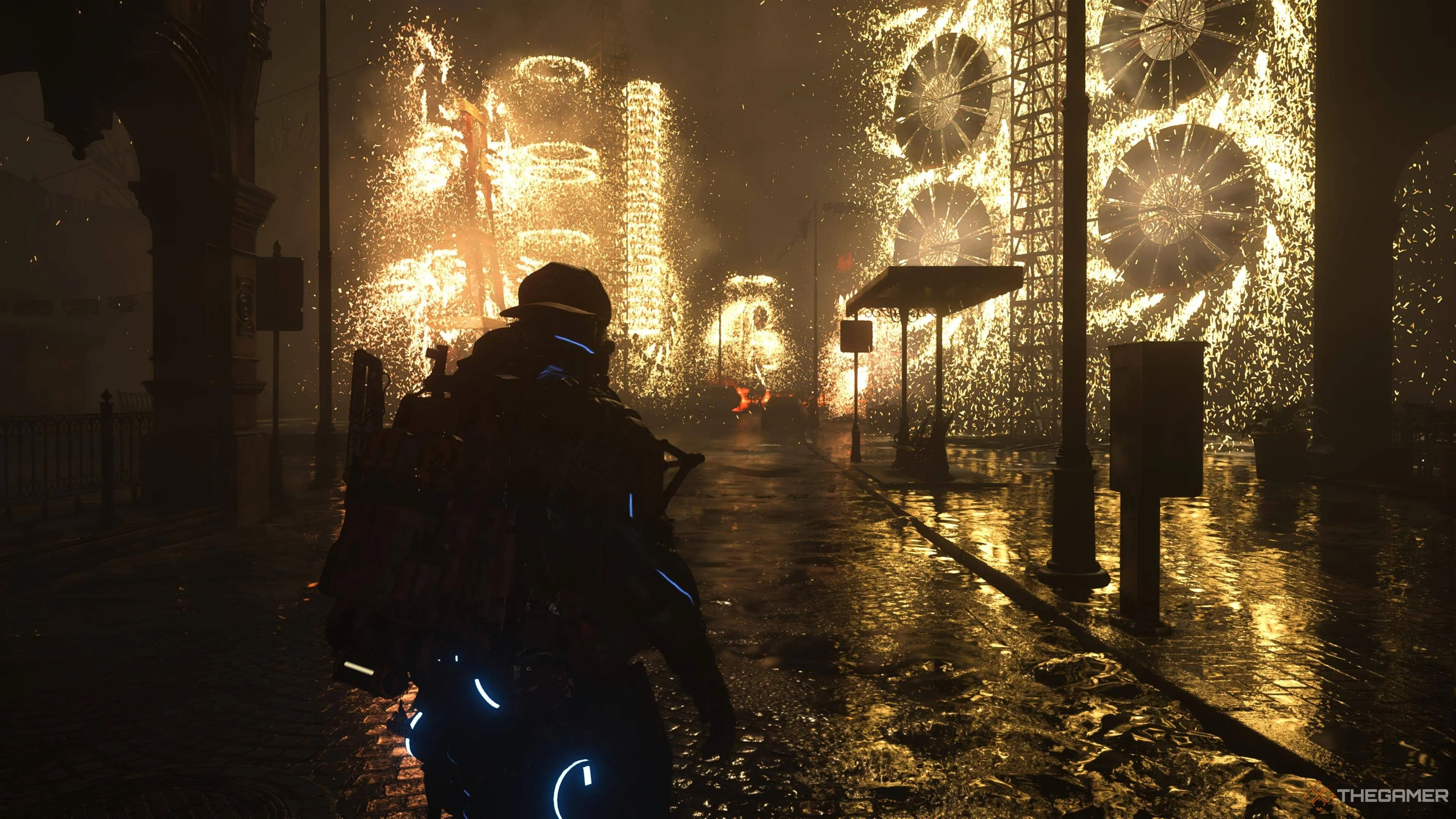 Death Stranding 2 Chương 5 với tia lửa và pháo hoa trên đường phố.
