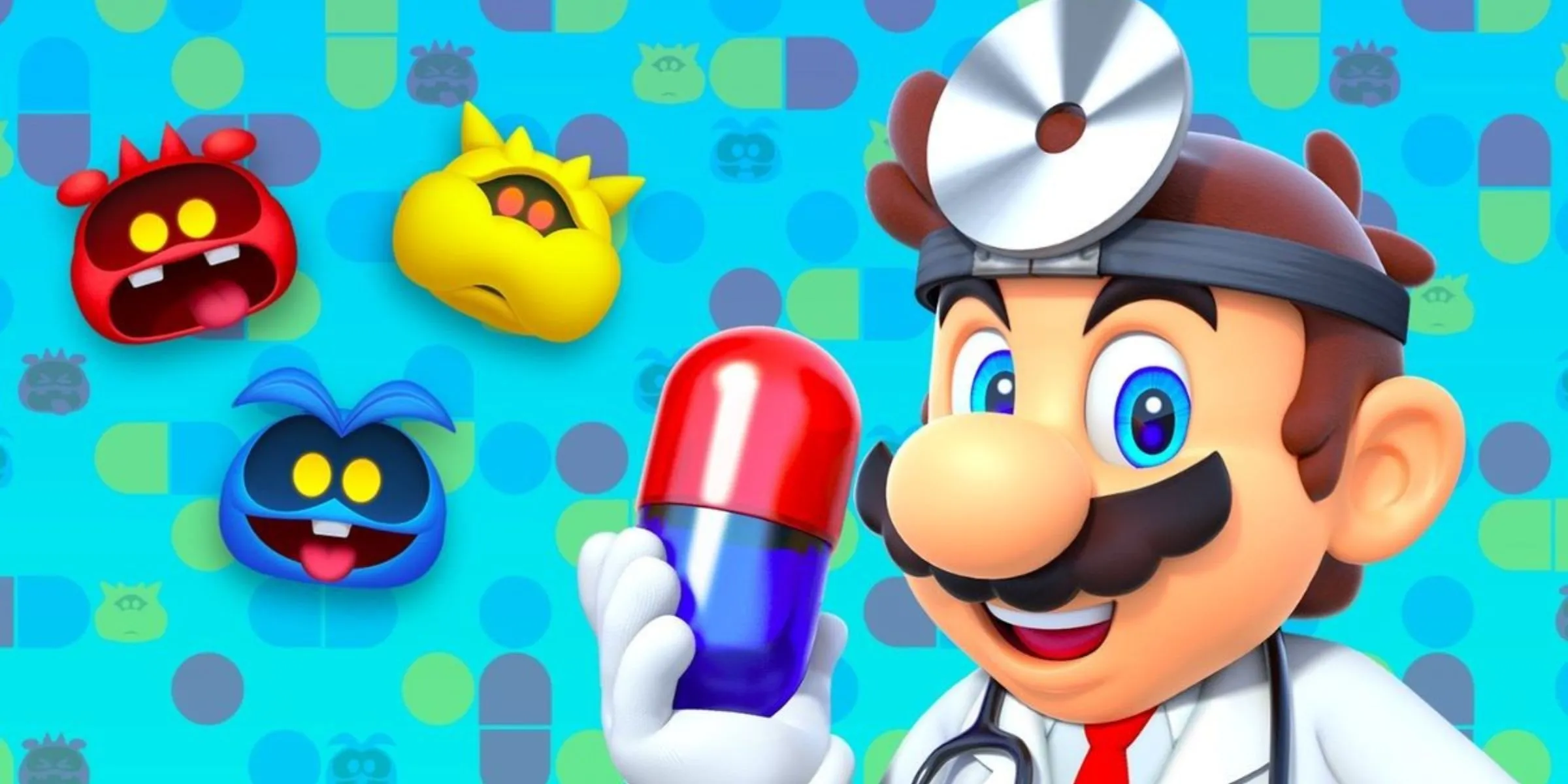 Dr. Mario đang cầm một viên Mega Vitamin lớn cùng với ba loại virus từ trò chơi Dr. Mario World, gợi ý về ý tưởng thuốc chống trầm cảm được thiết kế theo phong cách game.