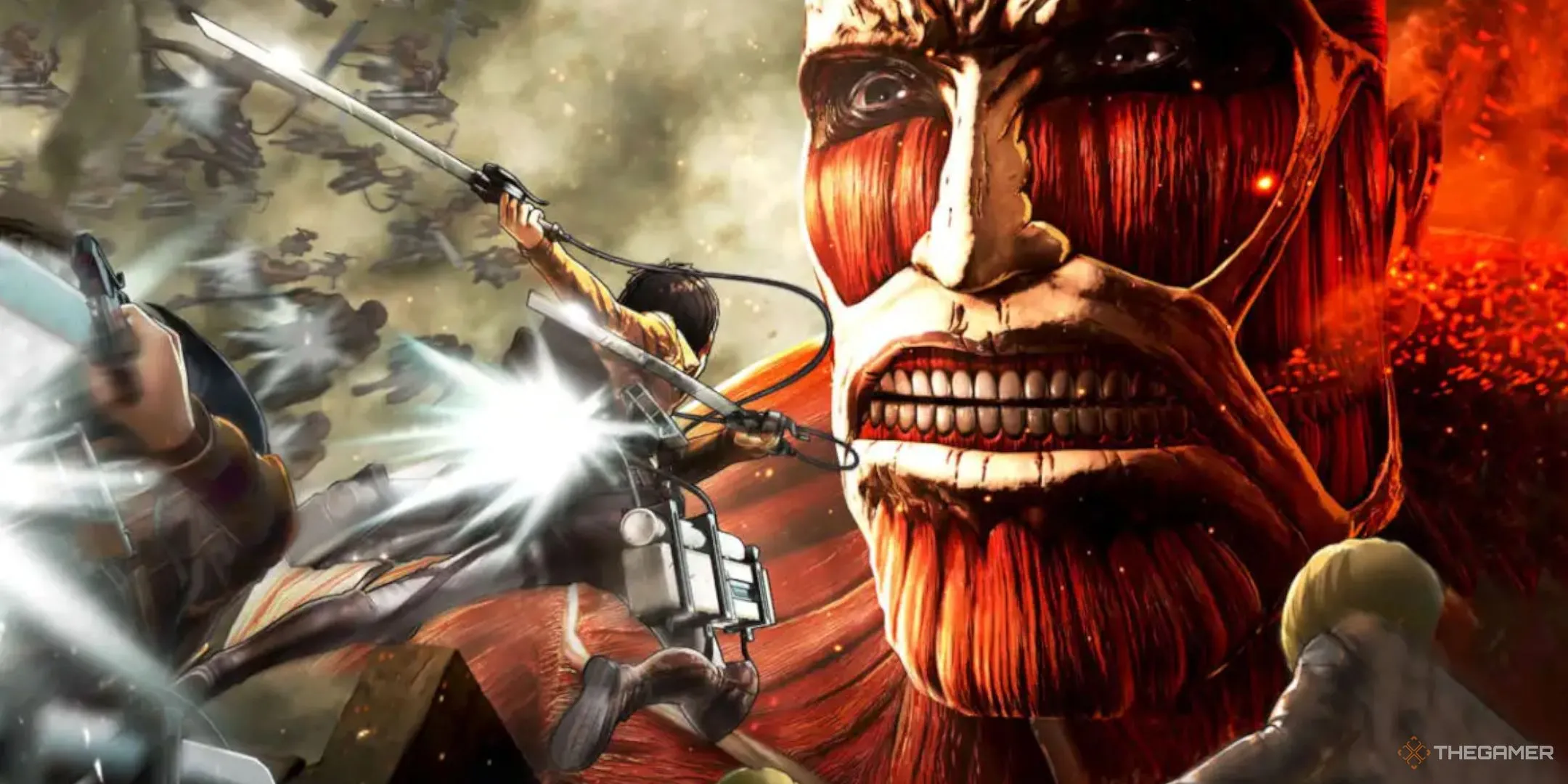 Eren sử dụng Trang bị Cơ động Đa hướng (ODM Gear) để tiếp cận Titan Đại Hình trong Attack On Titan, minh họa cơ chế di chuyển độc đáo.