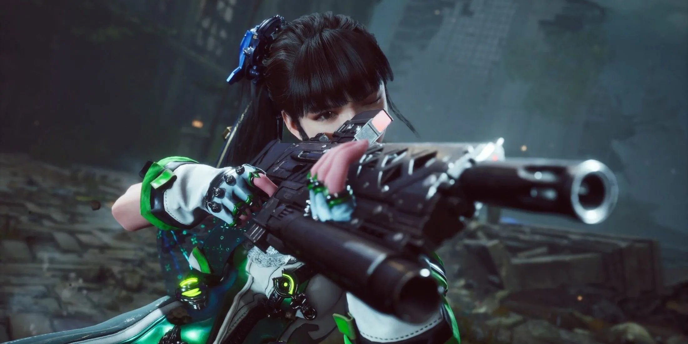 Eve trong Stellar Blade với vũ khí, sẵn sàng chiến đấu, thể hiện phong cách hành động của game.