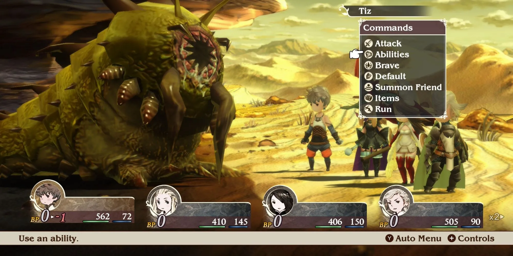 Giao diện chiến đấu Brave và Default trong Bravely Default Flying Fairy HD Remaster trên Switch 2