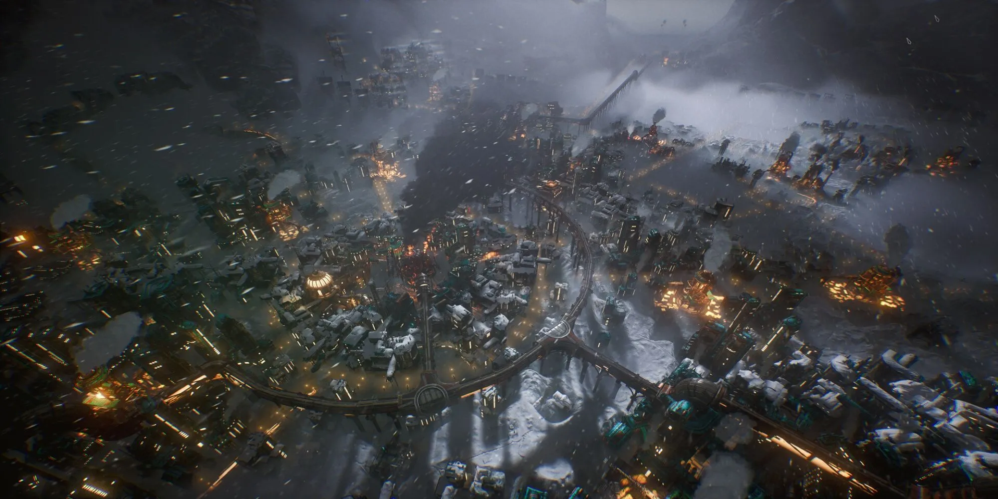 Giao diện gameplay Frostpunk 2 thể hiện các thông số quản lý thành phố, bản đồ và các quyết định cần đưa ra.