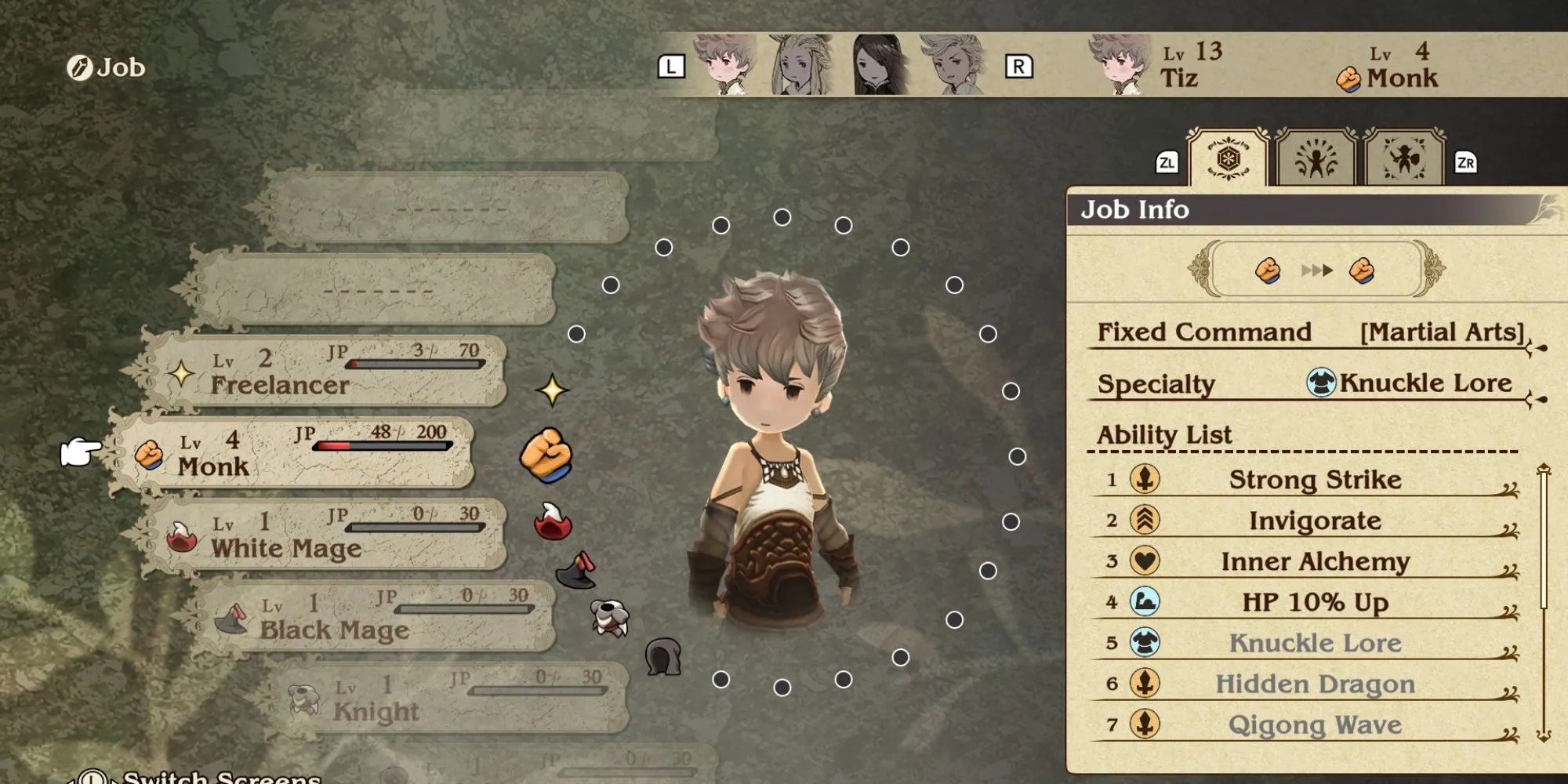 Giao diện hệ thống Job trong Bravely Default Remaster, nơi người chơi tùy chỉnh nghề nghiệp nhân vật