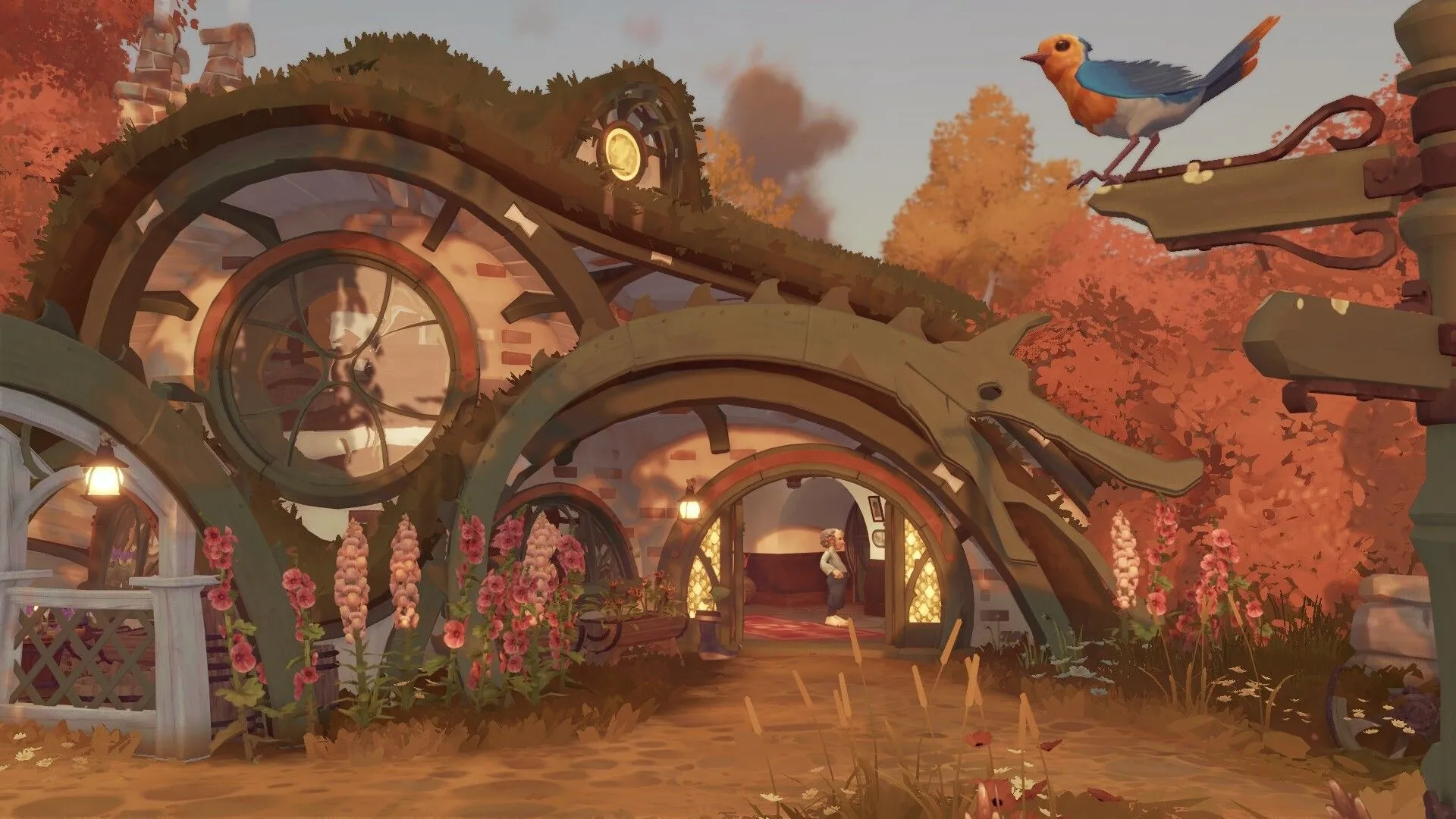 Hai nhân vật Hobbit tương tác, gợi ý về yếu tố cộng đồng trong làng Bywater của game Tales of the Shire
