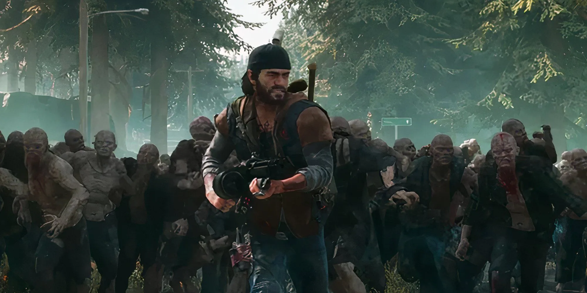 Hàng trăm Freaker khổng lồ lao về phía Deacon trong Days Gone, tái hiện chân thực quy mô đàn zombie ấn tượng.