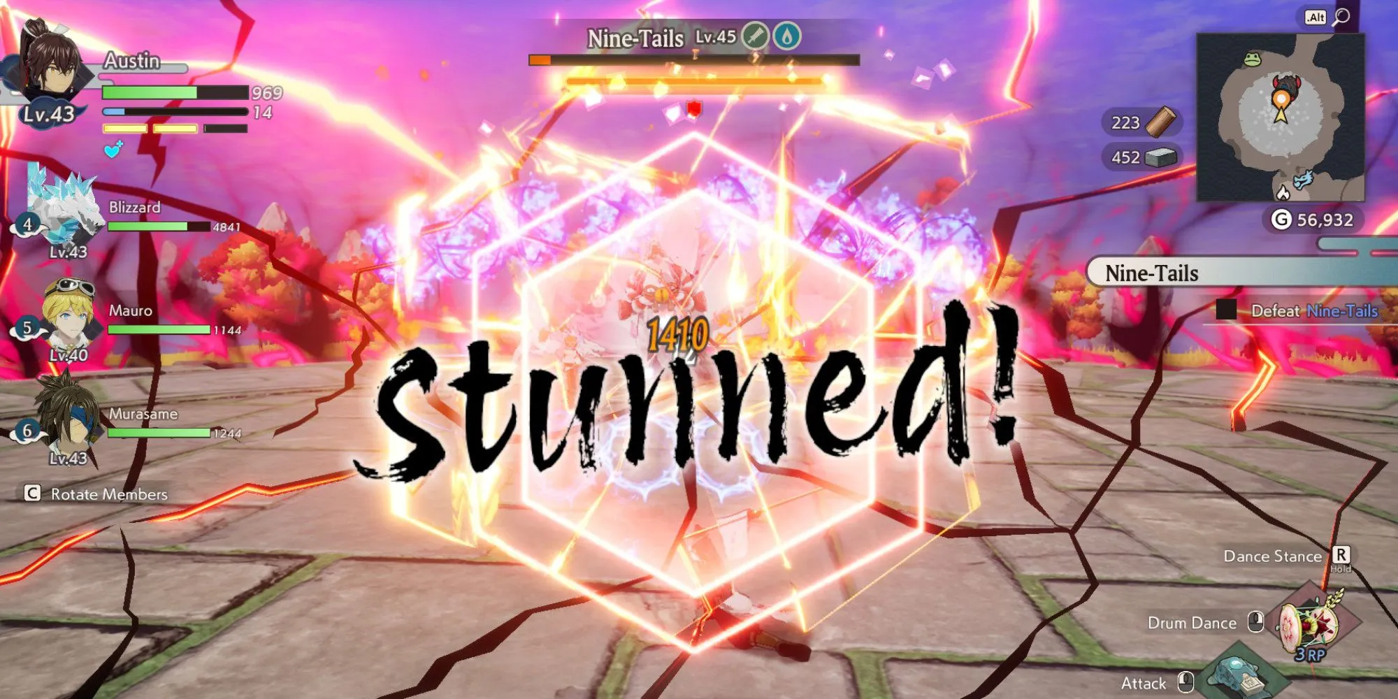 Hiển thị trùm Cửu Vĩ Hồ (Nine-Tails) bị choáng (Stun) trong trận chiến Rune Factory Guardians of Azuma.