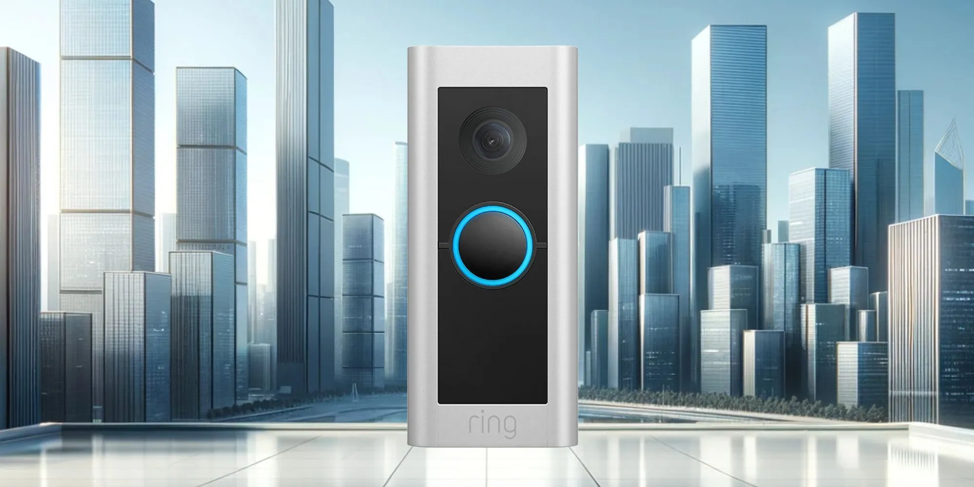 Hình ảnh chiếc chuông cửa thông minh Ring Video Doorbell Pro 2 với nền là phong cảnh thành phố, minh họa cho thiết bị nhà thông minh có thể được 'gamer hóa'.