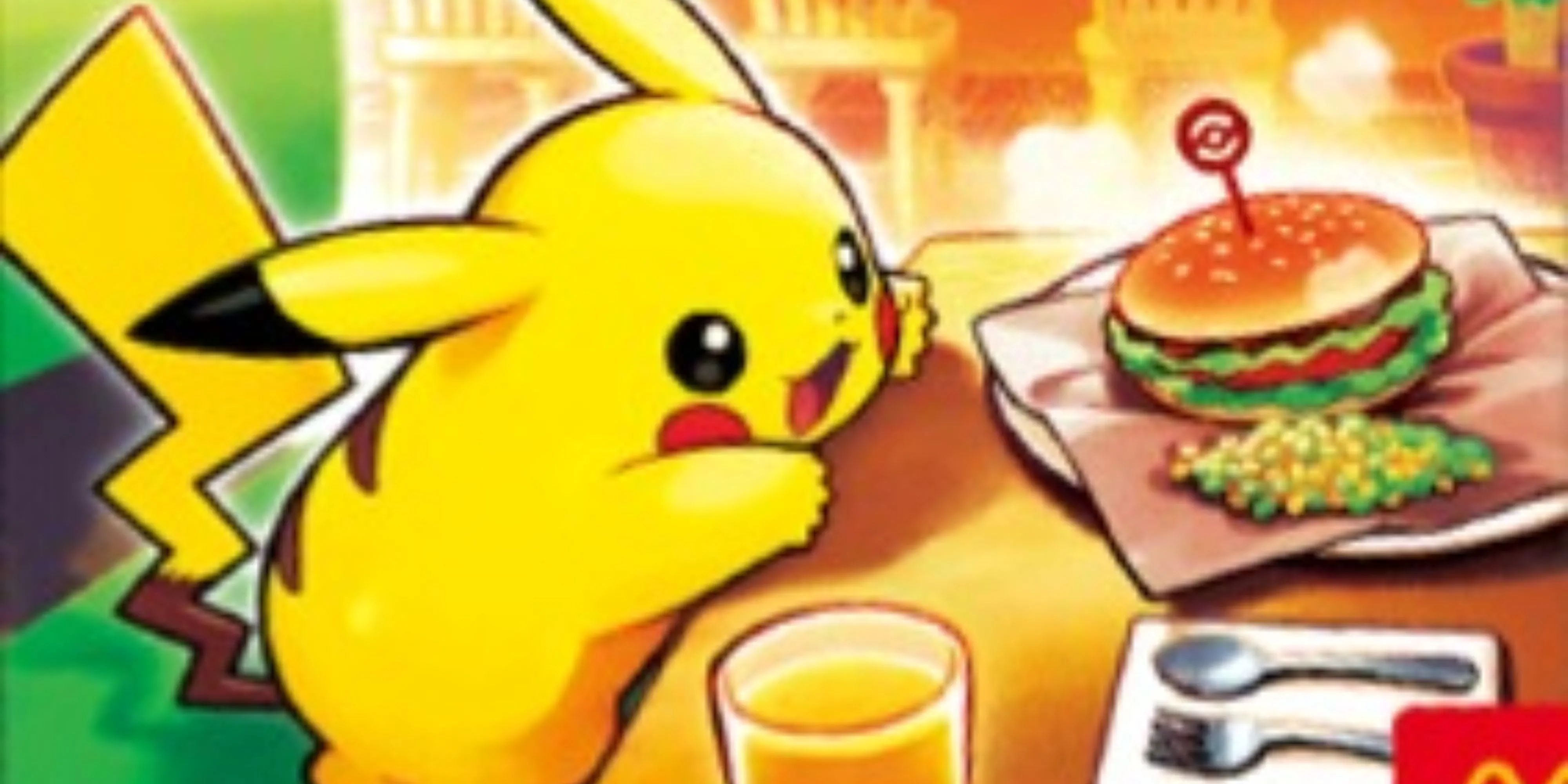Hình ảnh độc quyền lá bài Pikachu trong bộ sưu tập McDonald's Nhật Bản, thể hiện Pikachu đang cố gắng với lấy một chiếc burger hấp dẫn.
