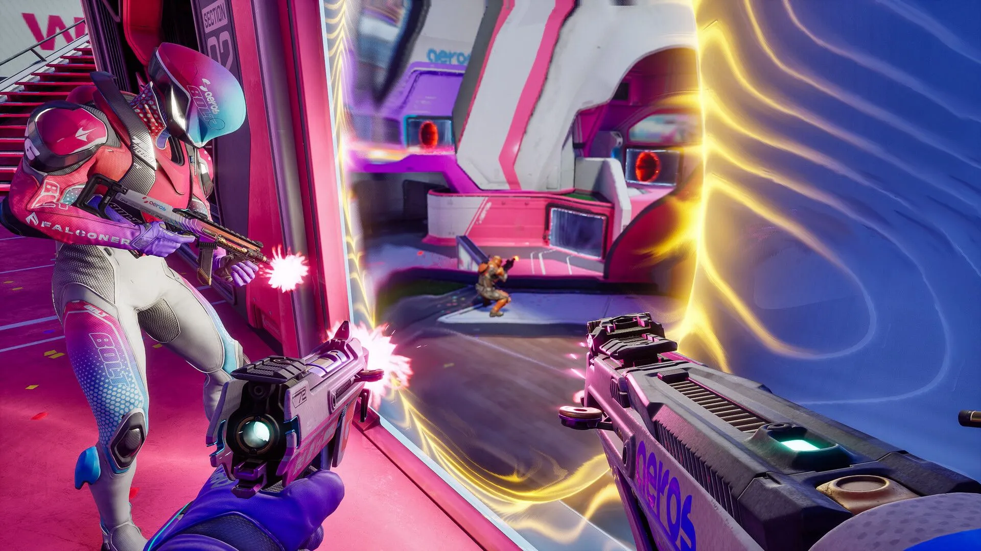 Hình ảnh minh họa Splitgate 2, thể hiện đồ họa và không gian chiến đấu hiện đại của tựa game bắn súng này.