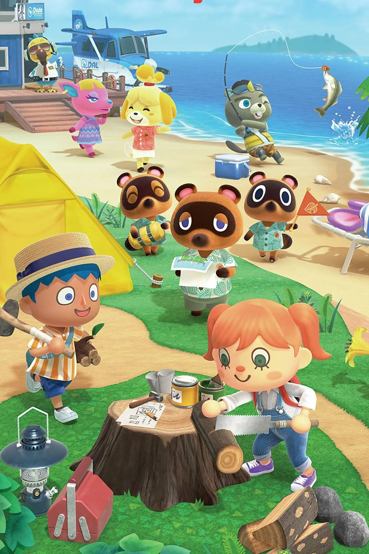 Hình ảnh quảng bá game Animal Crossing: New Horizons với nhân vật chính và các dân làng trên hòn đảo sinh động