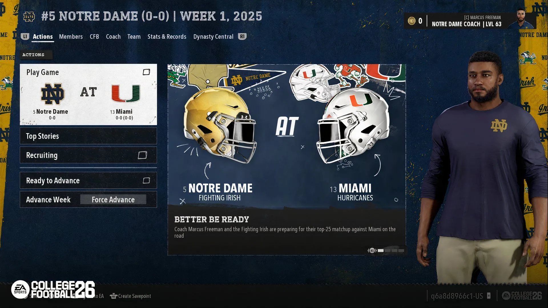 Huấn luyện viên Marcus Freeman xuất hiện trong EA Sports College Football 26, thể hiện mô hình huấn luyện viên thực tế.