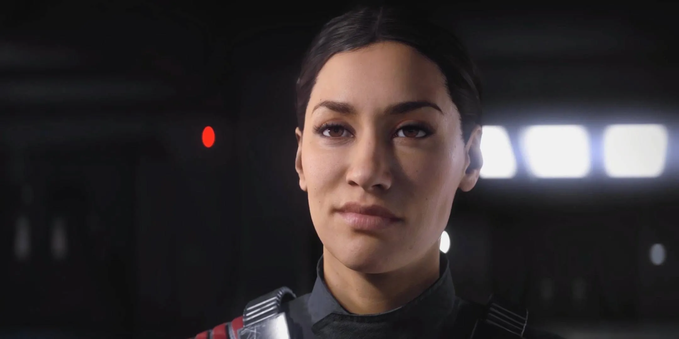 Iden Versio, nữ sĩ quan Đế Chế, mỉm cười bí ẩn trong con tàu Imperial trong Star Wars Battlefront 2