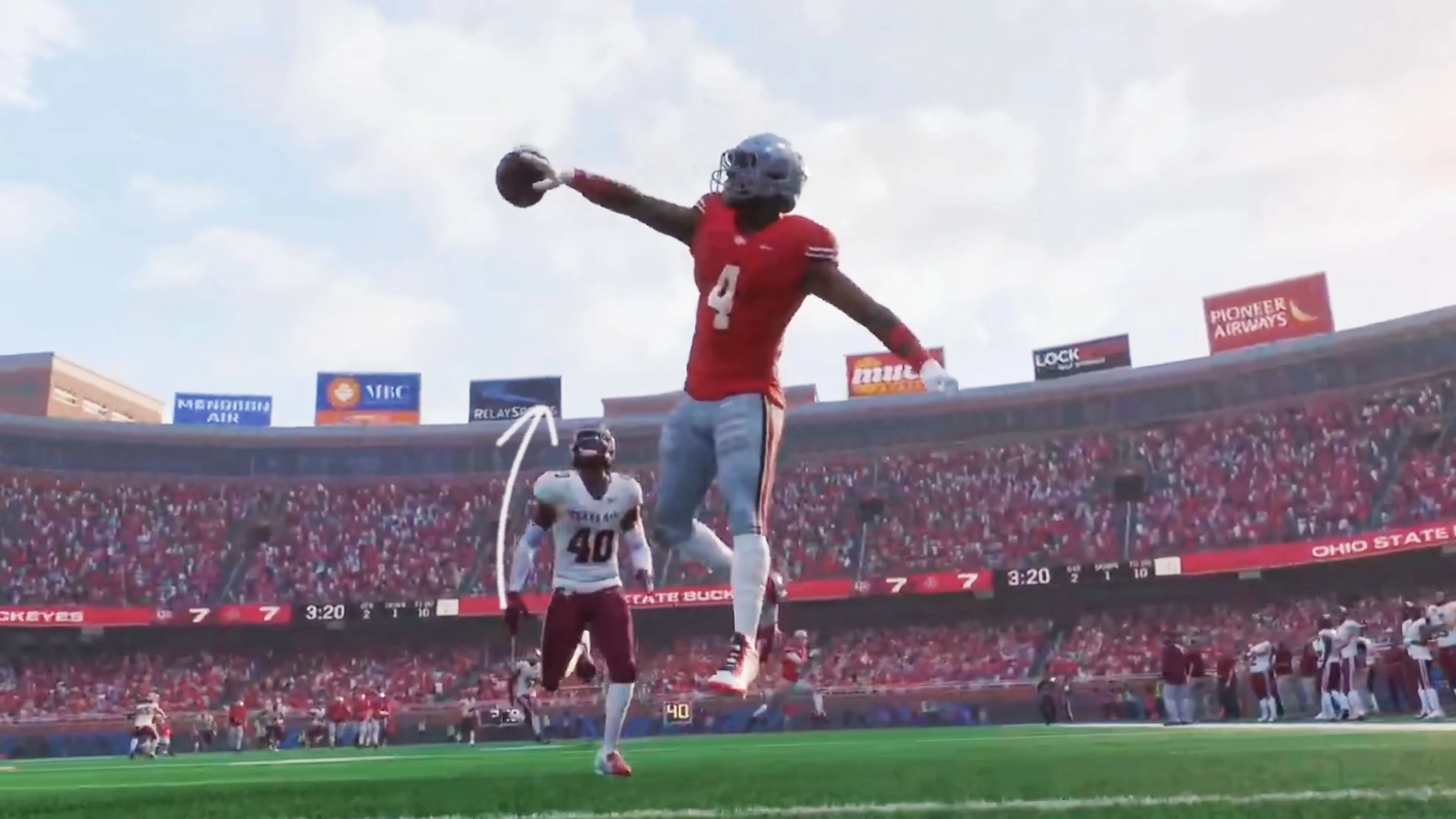 Khoảnh khắc thi đấu trong game EA Sports College Football 26 trên sân vận động.