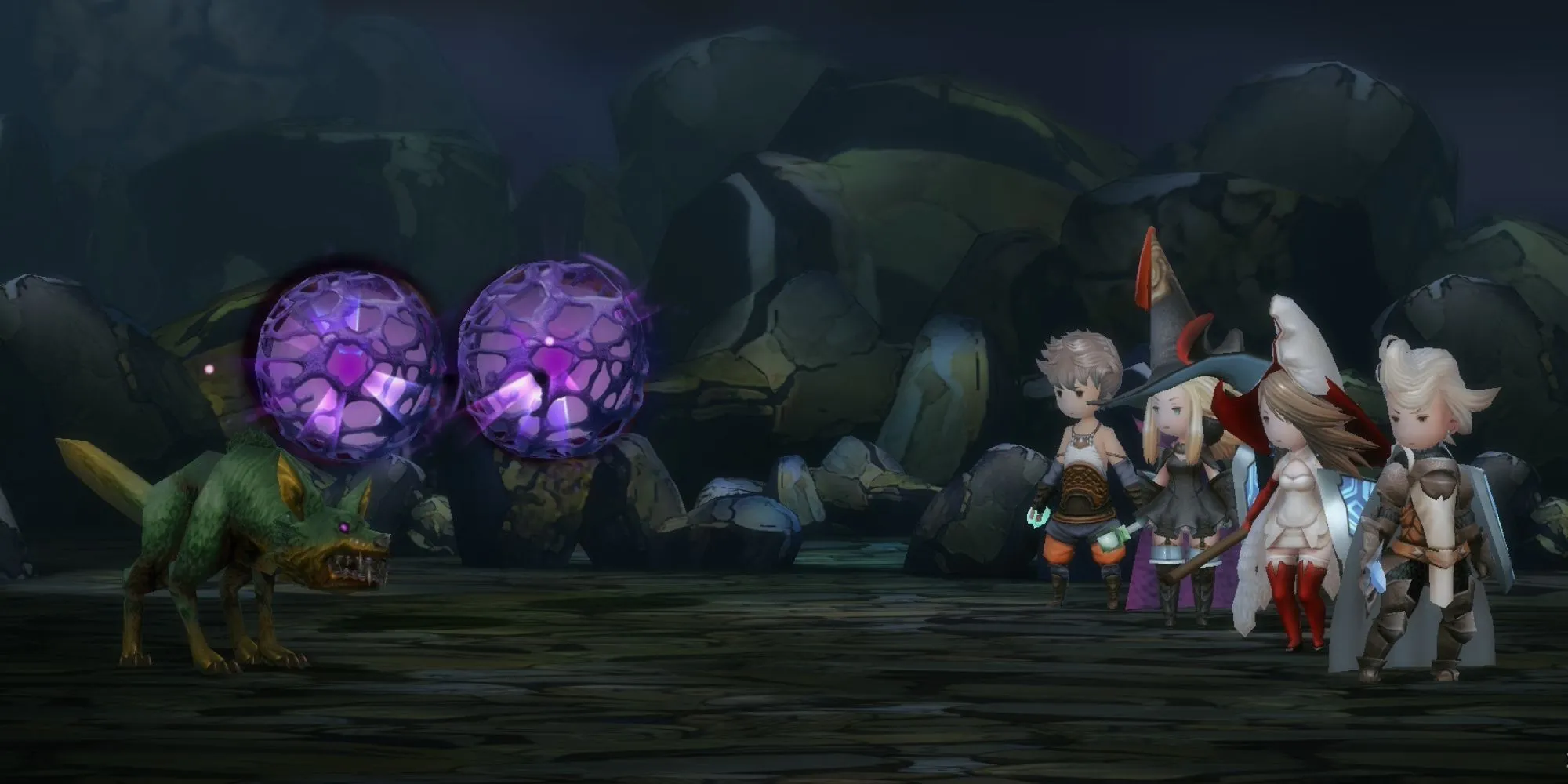 Khung cảnh trước khi bắt đầu một trận chiến trong Bravely Default Remaster, hiển thị đội hình nhân vật
