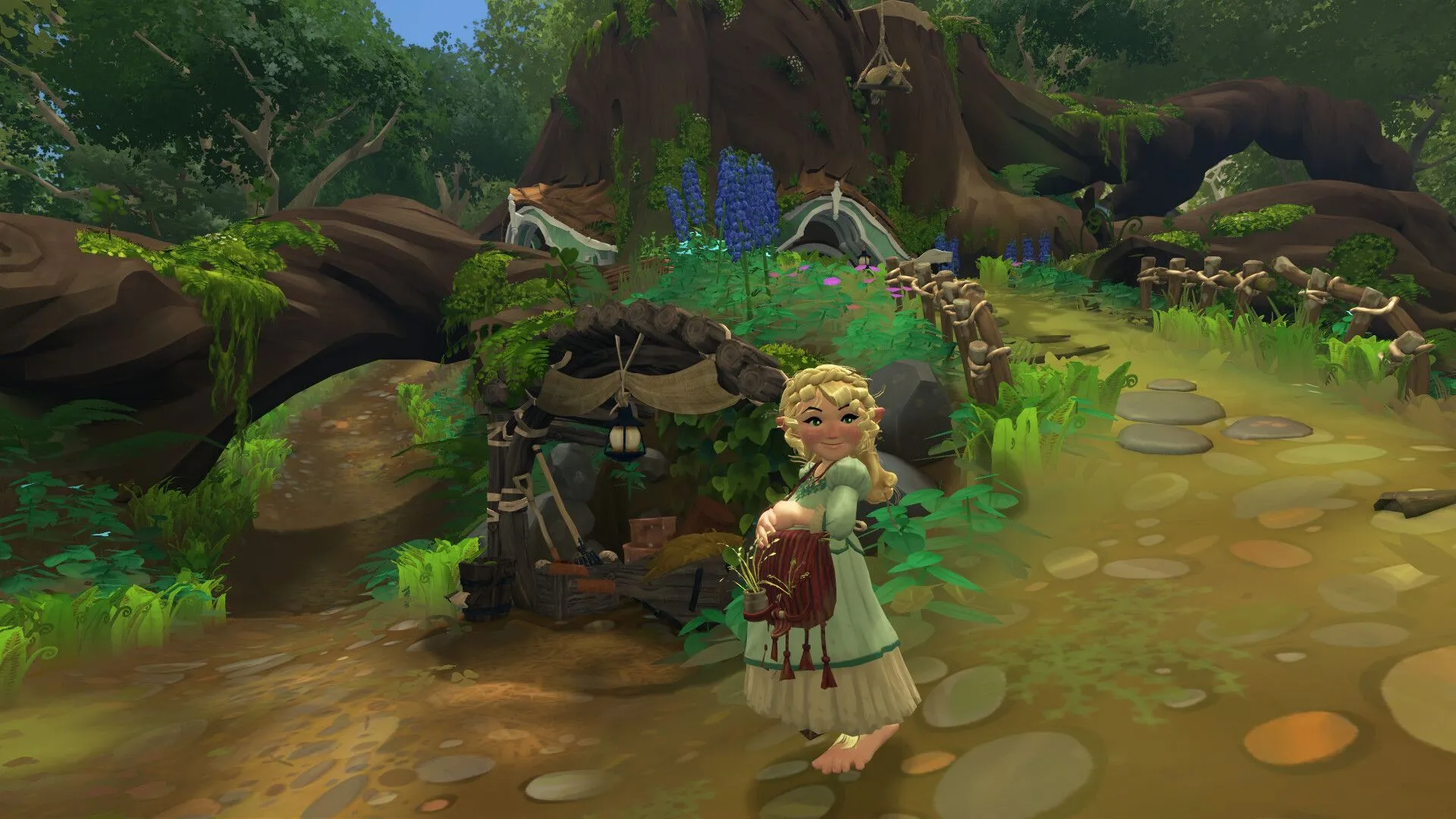 Khung cảnh yên bình và hoạt động làm vườn của Hobbit trong game Tales of the Shire