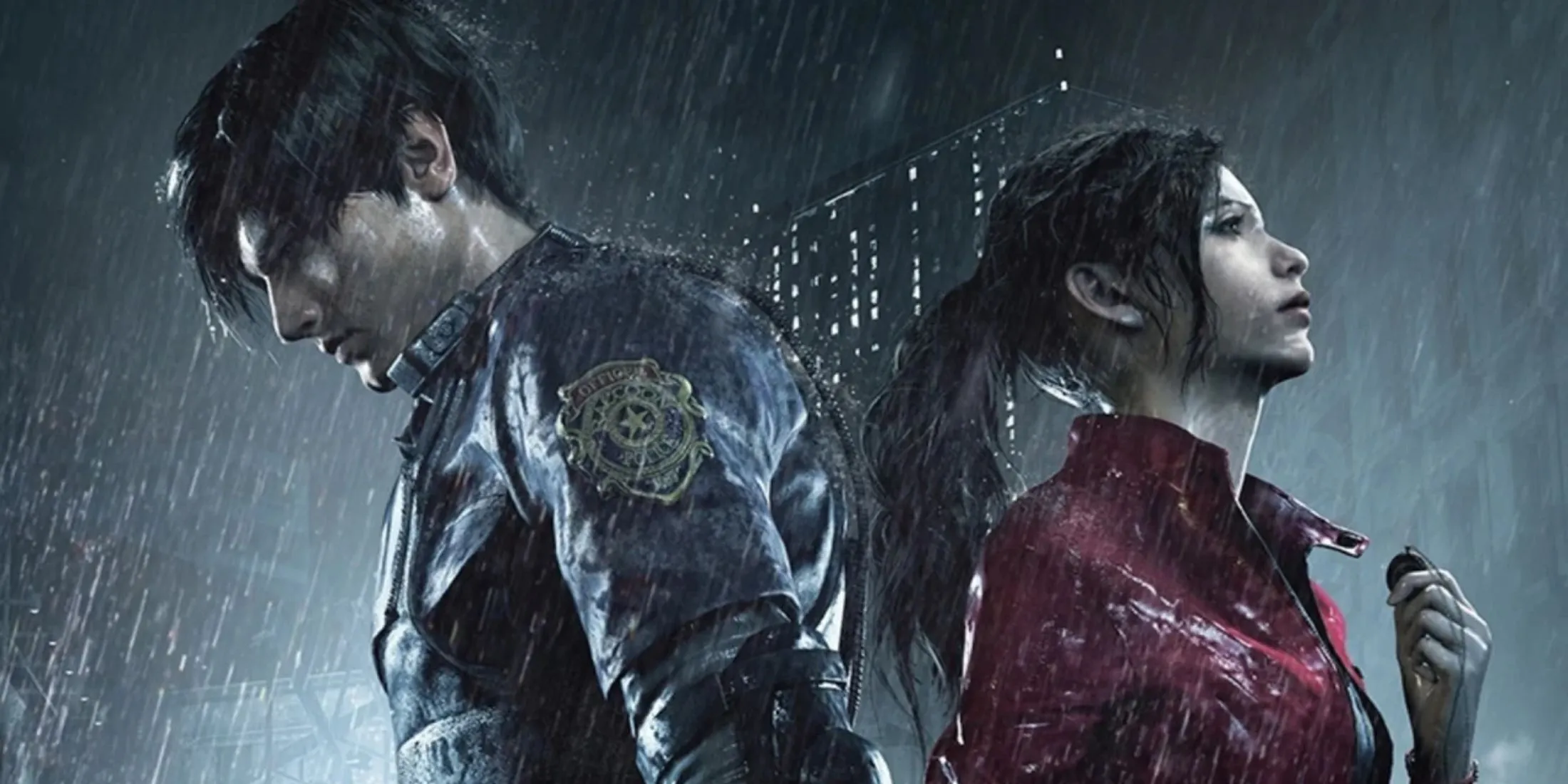Leon và Claire đứng dựa lưng trong mưa trong Resident Evil 2 Remake
