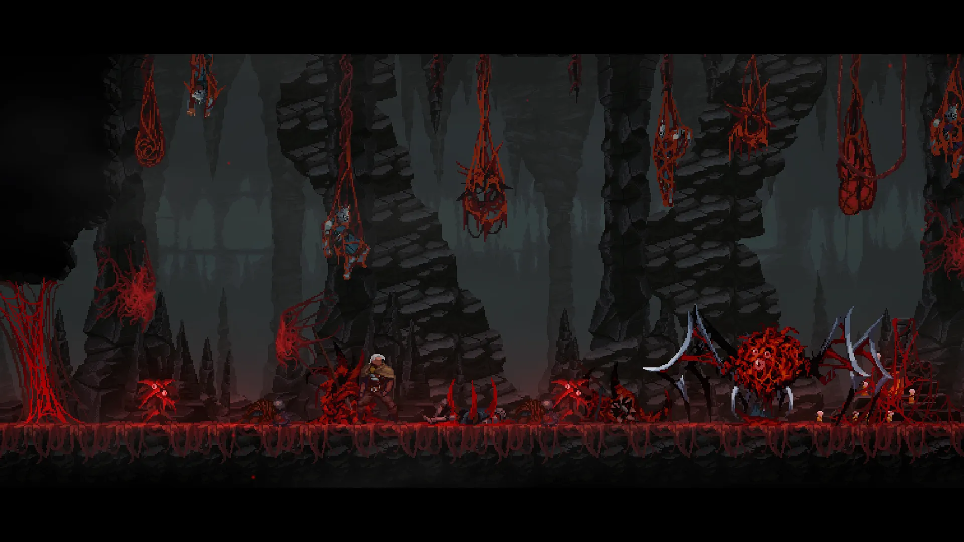 Môi trường hang động trong Dragon Is Dead với đồ họa pixel art.