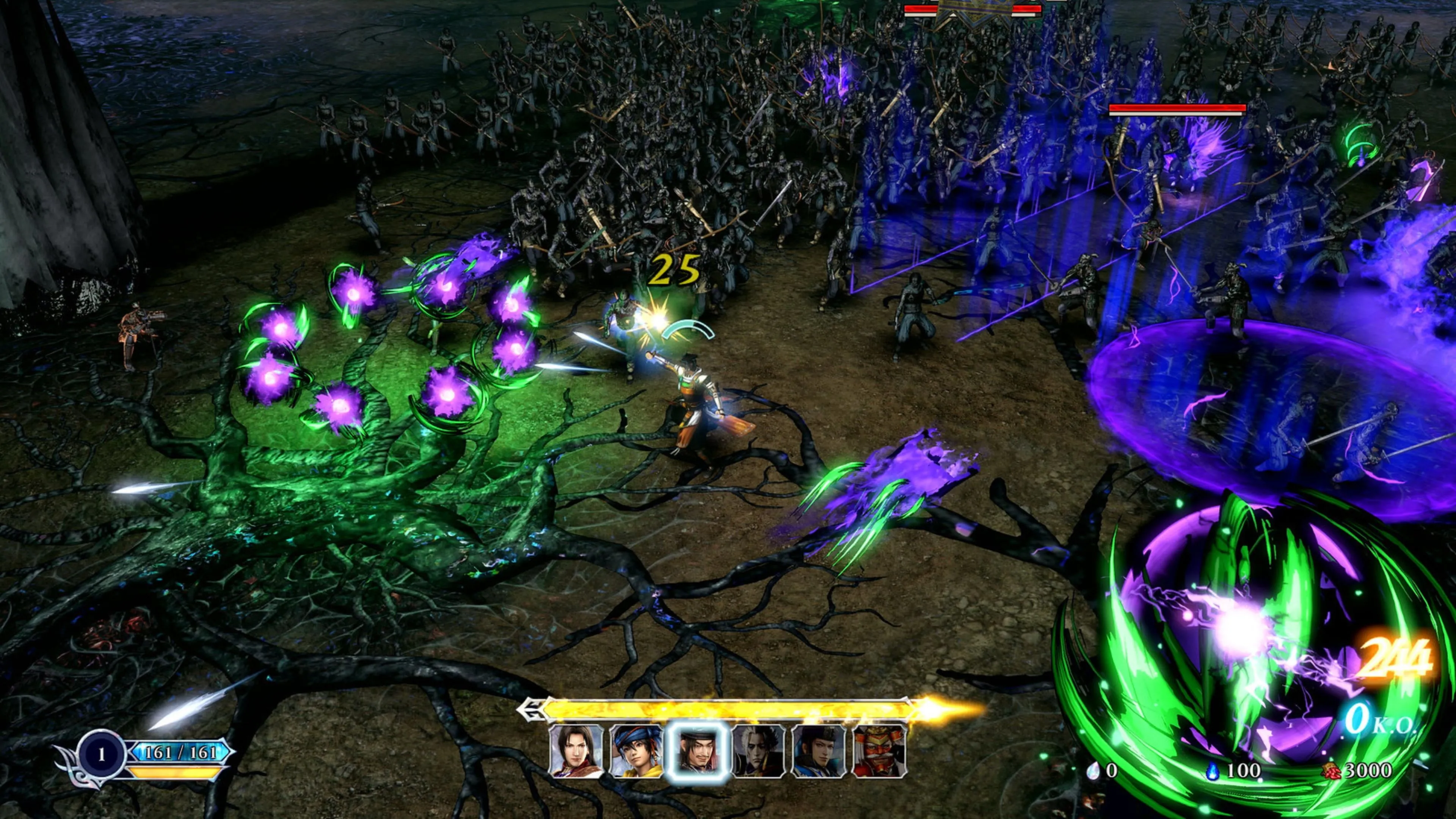 Một cảnh hành động trong game Warriors Abyss với hiệu ứng kỹ năng rực rỡ và nhiều kẻ địch trên màn hình, điển hình lối chơi horde.