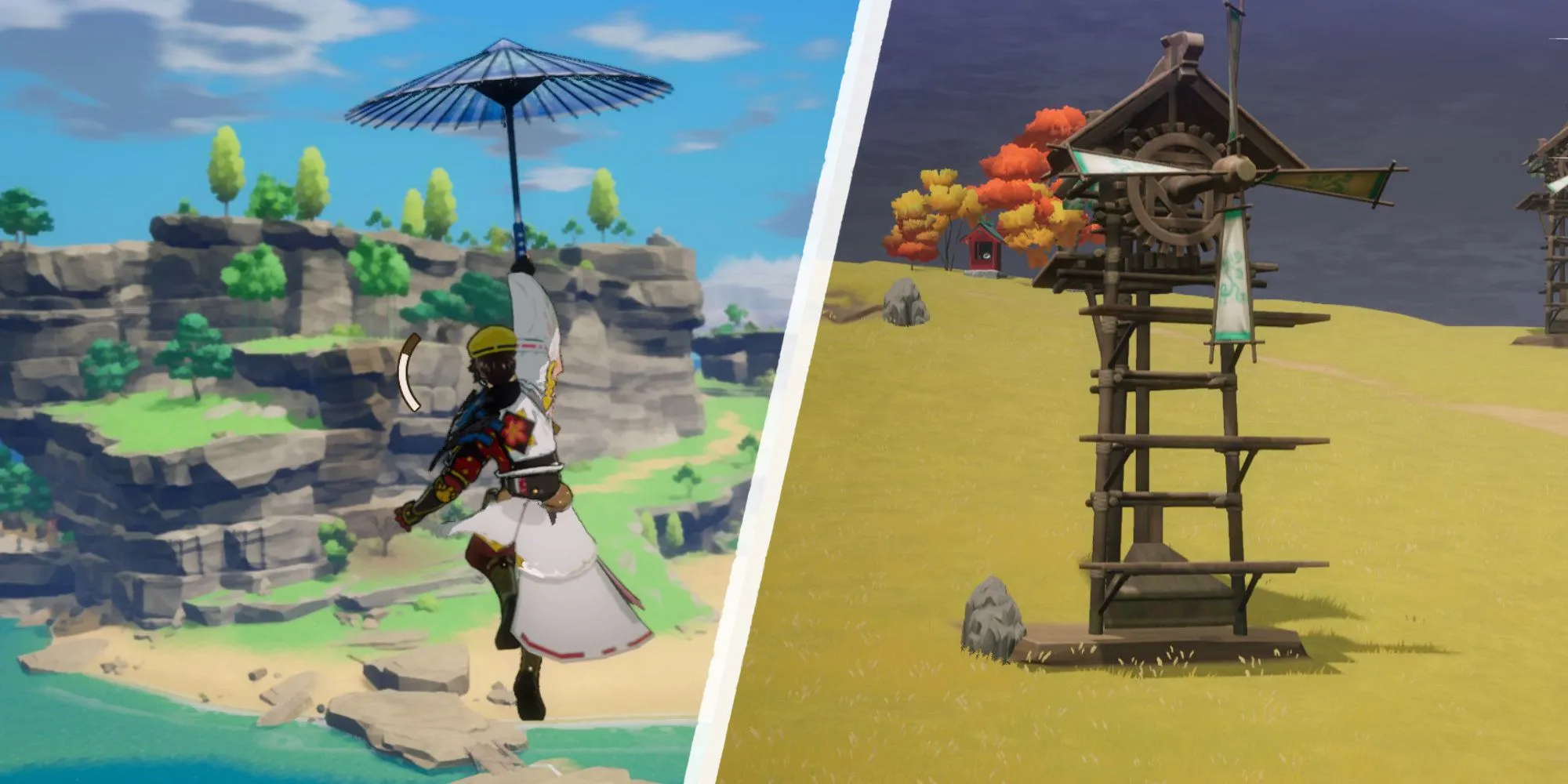 Nhân vật chính sử dụng dù lượn và leo trèo khám phá thế giới Azuma trong Rune Factory Guardians of Azuma.