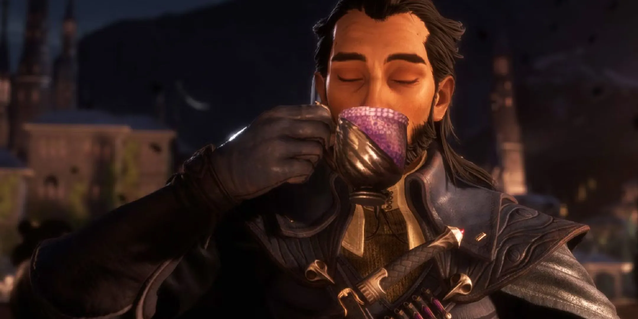 Nhân vật Lucanis trong Dragon Age The Veilguard đang nhâm nhi tách cà phê, minh họa mối liên hệ giữa game thủ và cà phê, gợi ý về máy pha cà phê espresso phong cách gaming.