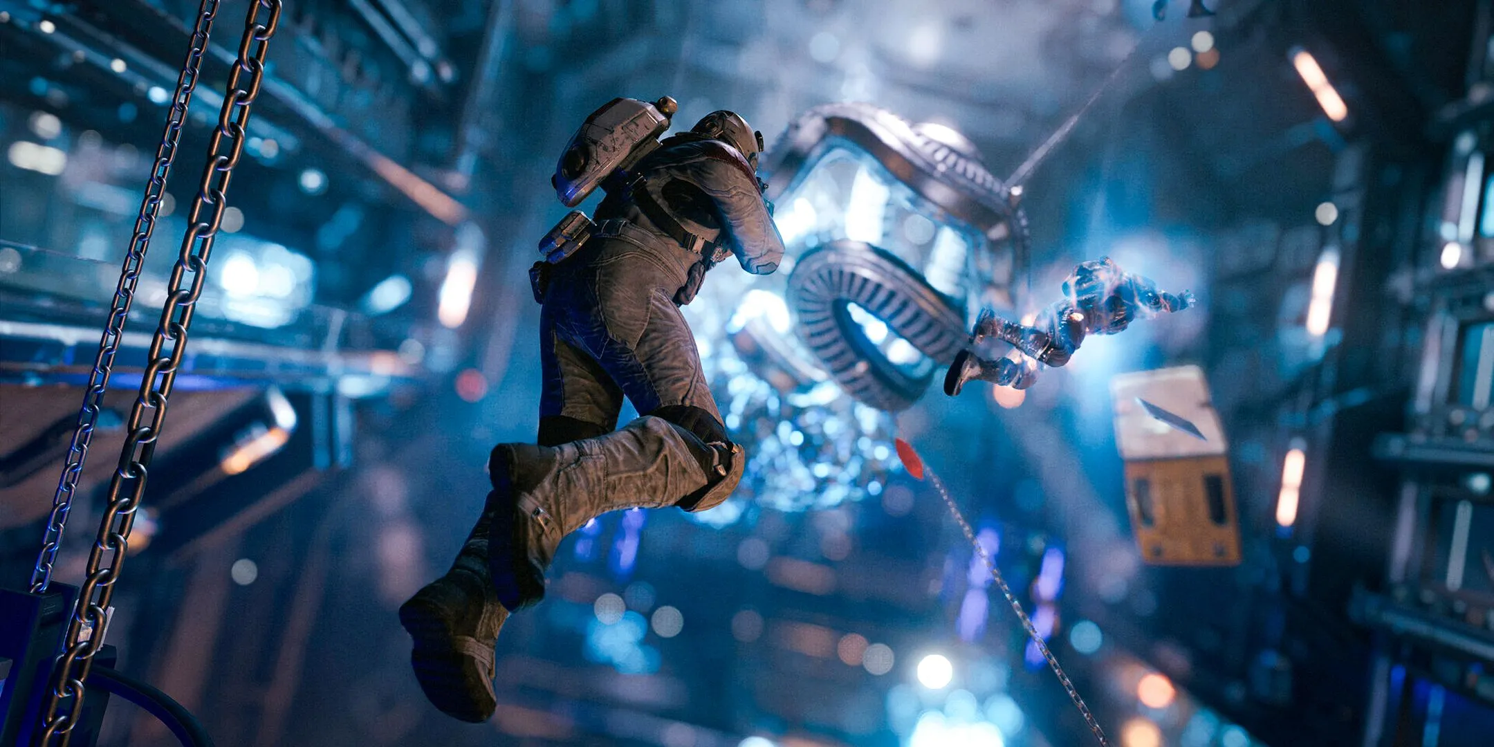 Nhân vật người chơi Starfield di chuyển trong hành lang không trọng lực đầy xác chết và thùng hàng trong DLC Shattered Space.