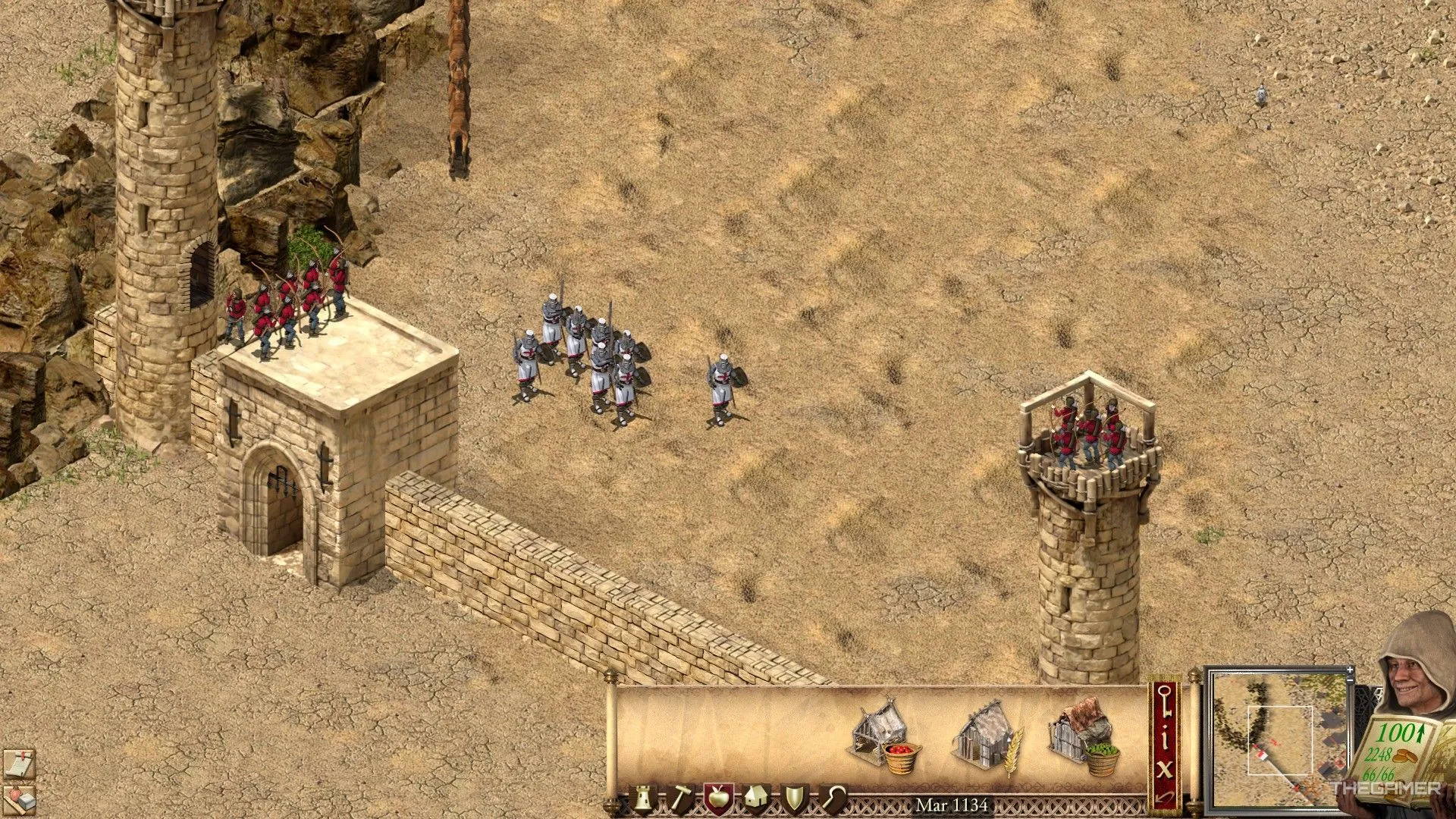 Nhóm lính Kiếm Sĩ và Cung Thủ châu Âu bảo vệ cổng thành trong Stronghold Crusader, minh họa cho các đơn vị quân Barracks.