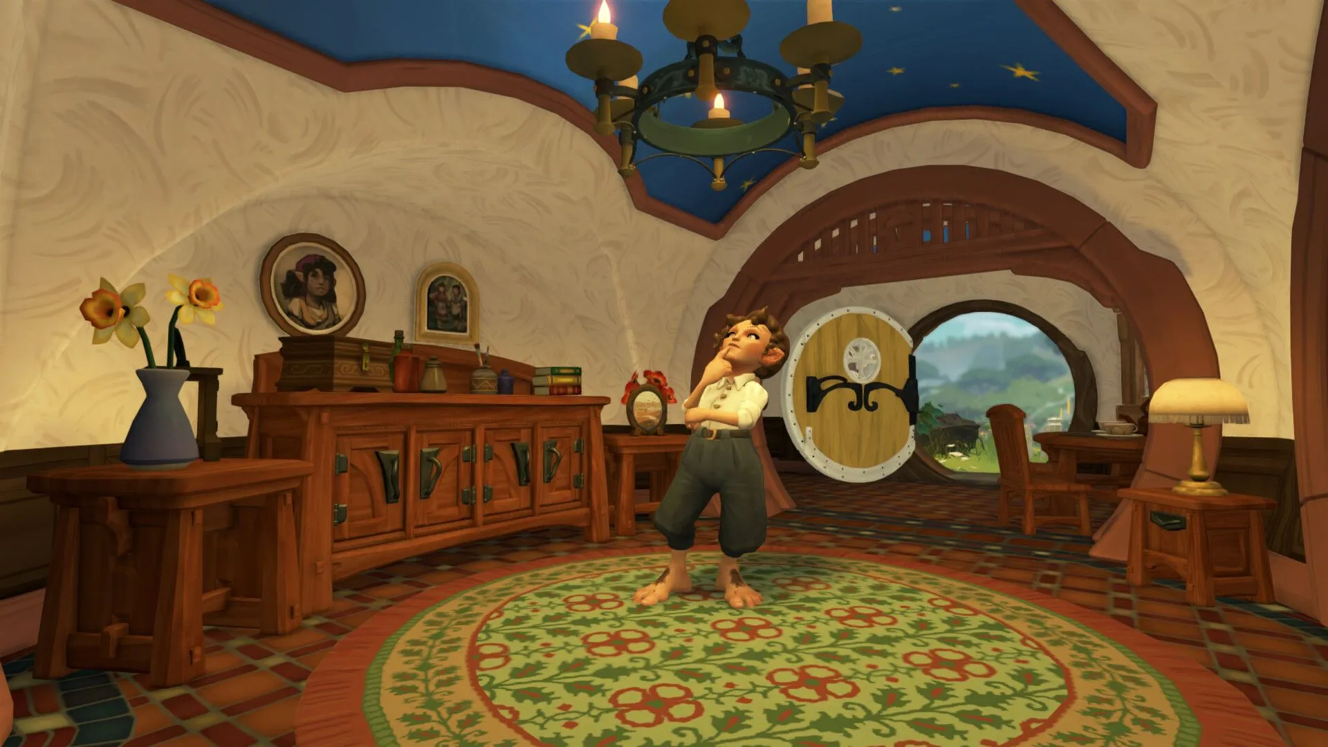 Nội thất bên trong căn nhà ấm cúng của Hobbit, thể hiện tính năng trang trí nhà trong Tales of the Shire