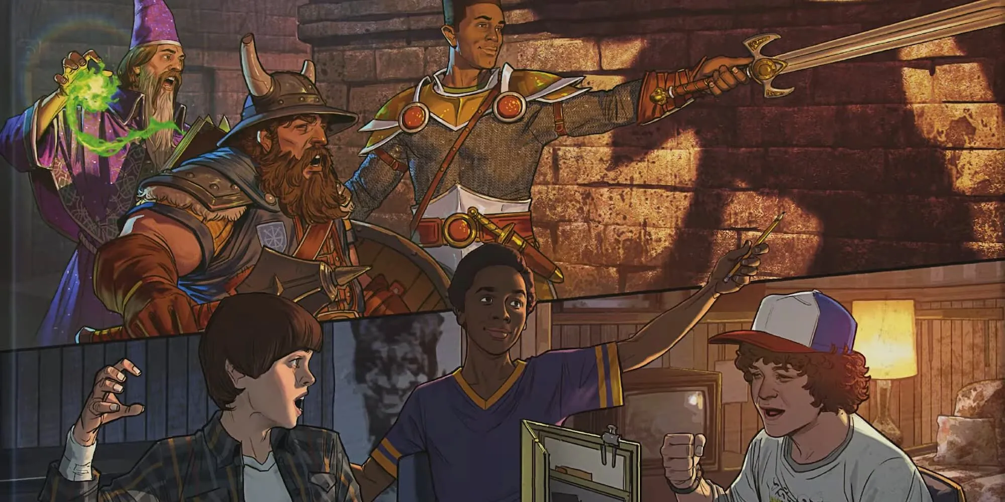 Tác phẩm nghệ thuật chủ đạo của bộ D&amp;D Stranger Things: Welcome to the Hellfire Club, tái hiện không khí của nhóm game thủ.