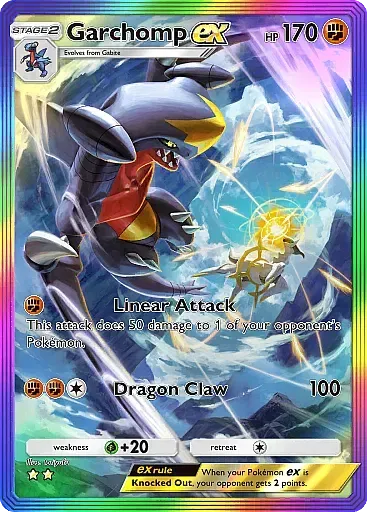Thẻ bài Garchomp Ex hệ Rồng/Đất từ bộ Triumphant Light trong Pokemon TCG Pocket.