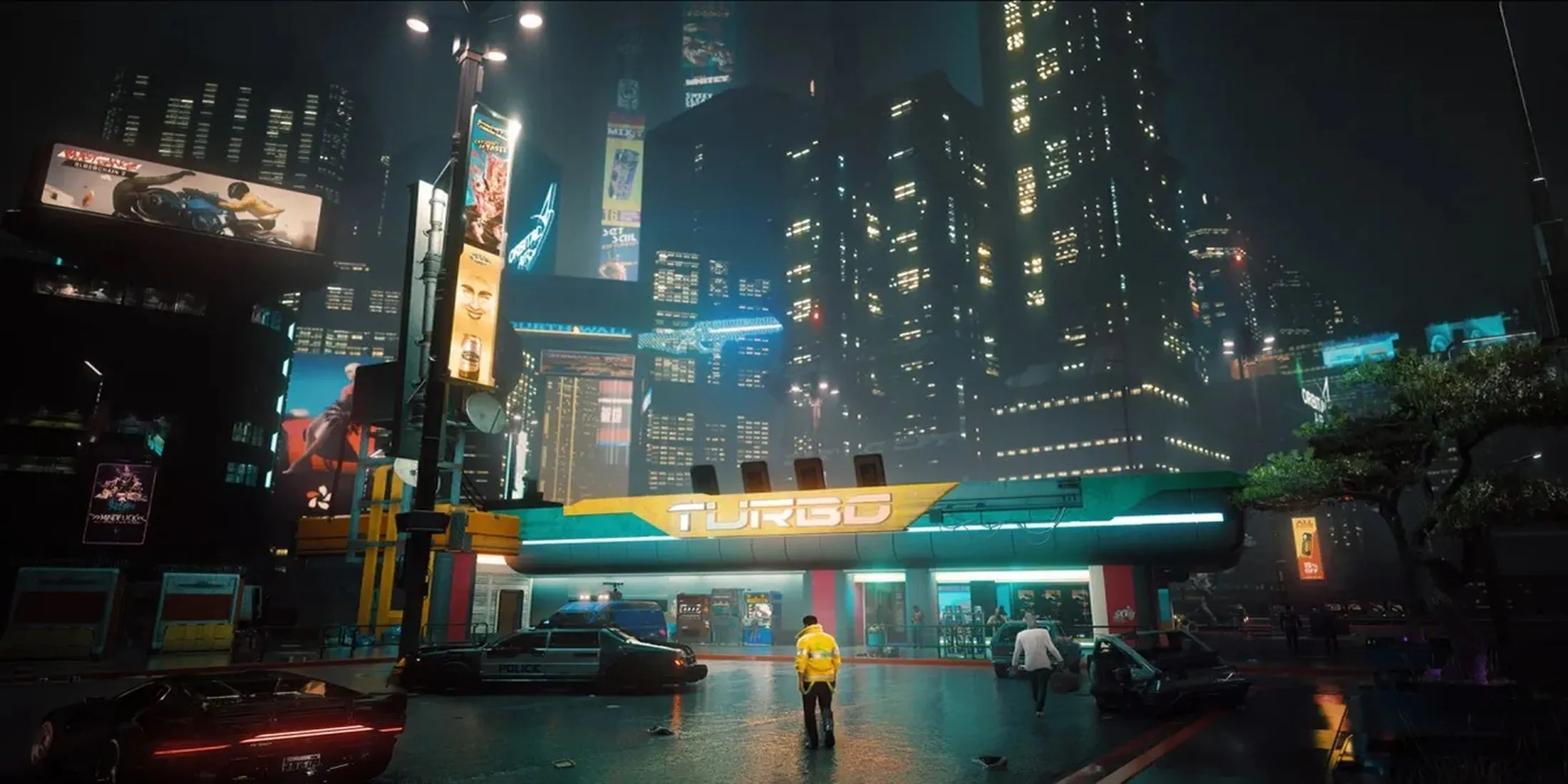 Toàn cảnh thành phố Night City về đêm, bối cảnh chính của game Cyberpunk 2077
