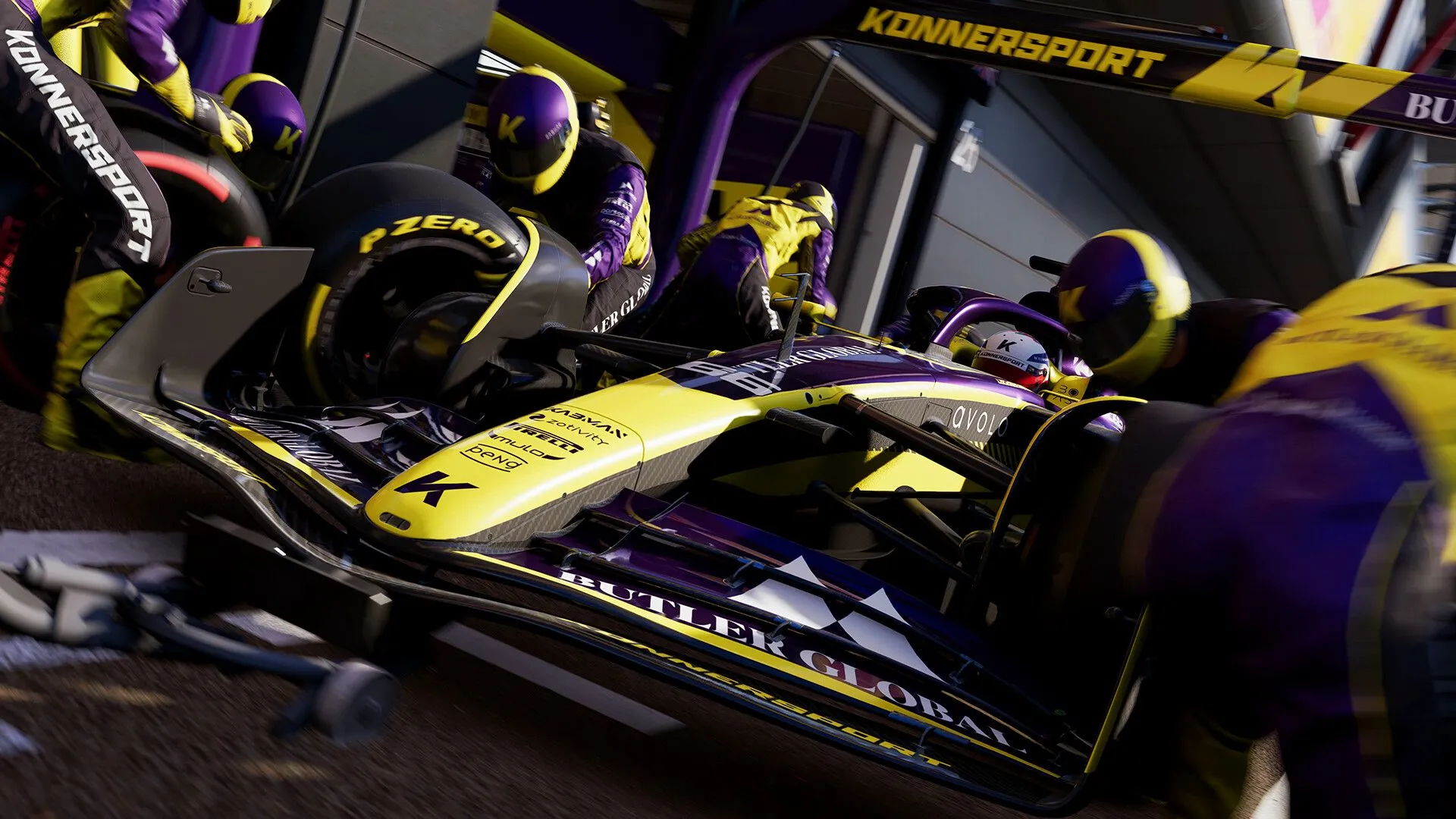 Xe đua F1 trên đường pitlane trong game F1 25
