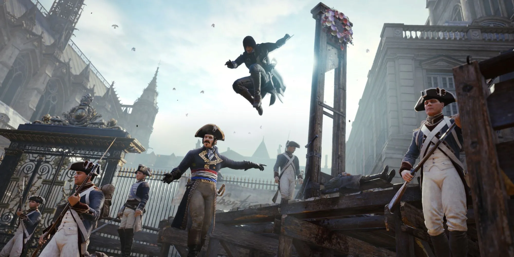 Arno Dorian thực hiện đòn ám sát trên không, một pha hành động quen thuộc trong Assassin's Creed Unity, nhưng thiếu đi sự hùng hậu của hội Sát thủ như lời quảng bá