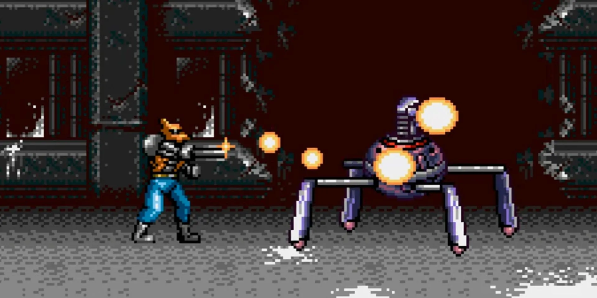 Brad Fang, người sói cyborg, xả súng vào robot khổng lồ trong Contra Hard Corps trên Sega Genesis