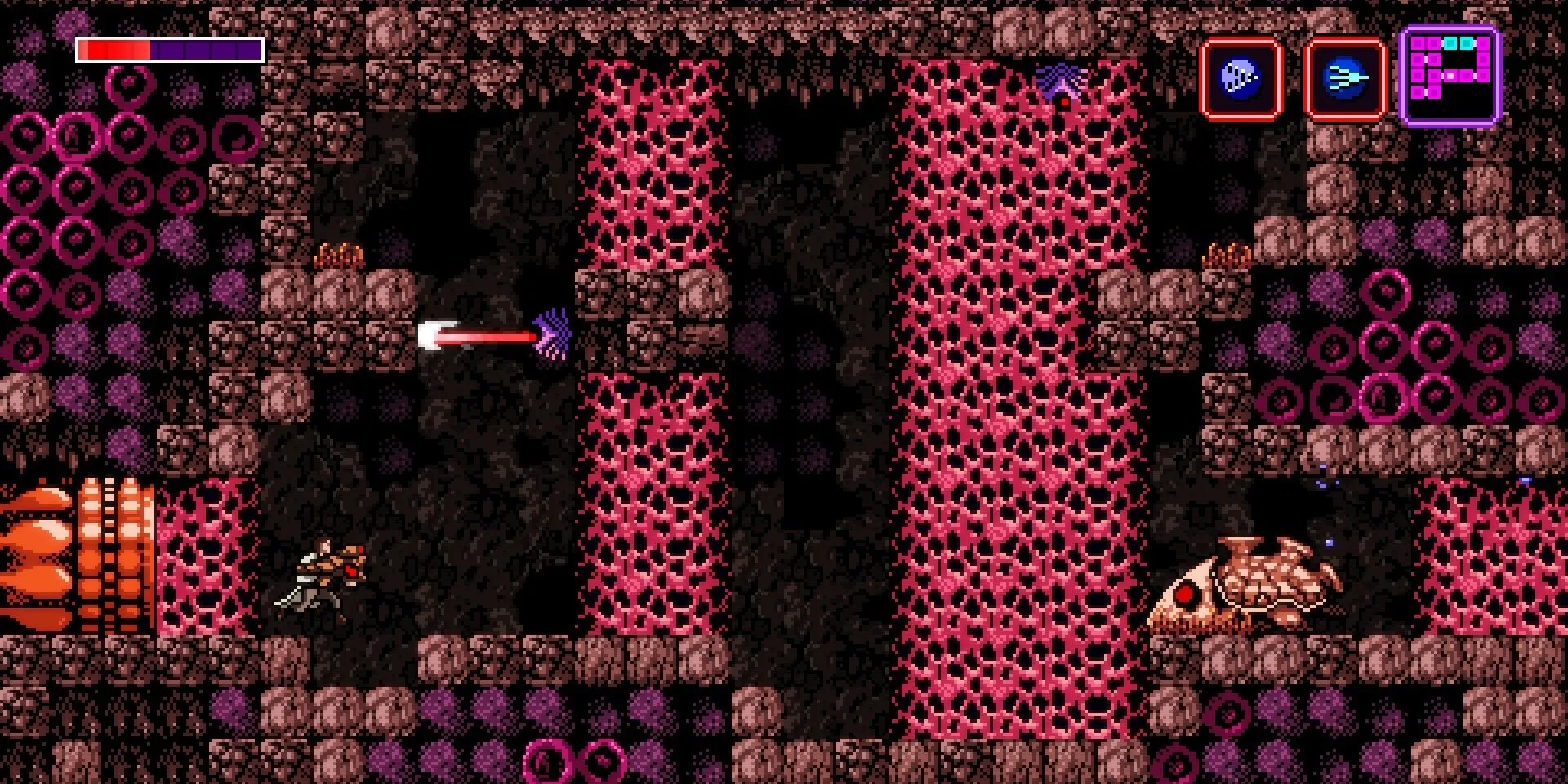 Các bức tường rộng lớn trong Axiom Verge với thiết kế đồ họa pixel art độc đáo