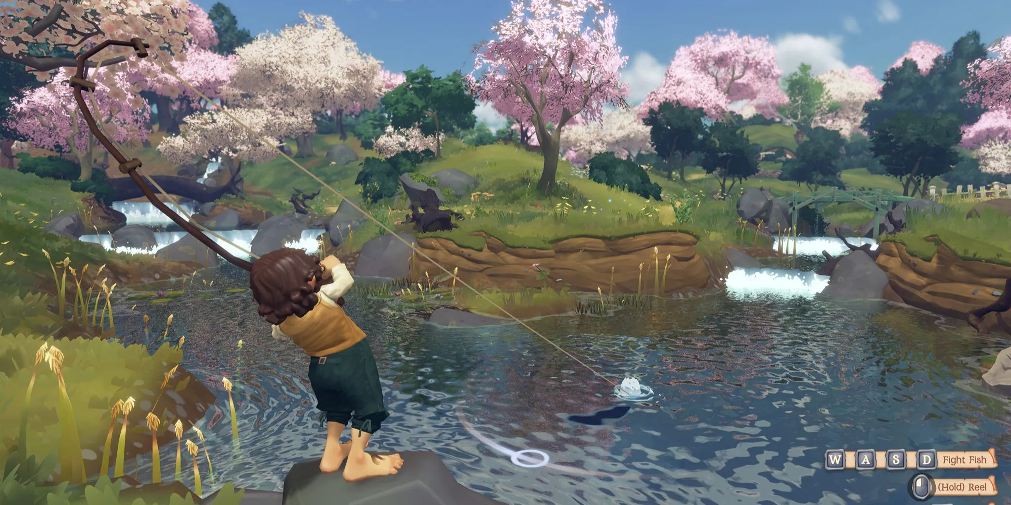 Cảnh một Hobbit đang thư giãn câu cá bên bờ sông trong Tales of the Shire, mô tả một trong những hoạt động chính của game