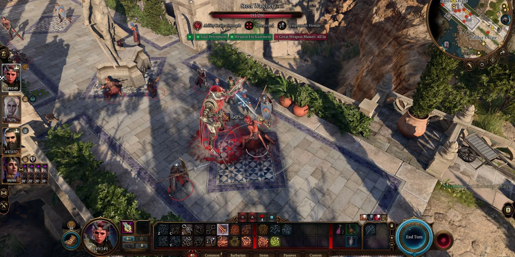 Chiến binh Barbarian khổng lồ trong Baldur's Gate 3 đang giao chiến ác liệt, minh họa cho những trận đấu căng thẳng cần chiến thuật và may mắn xúc xắc.