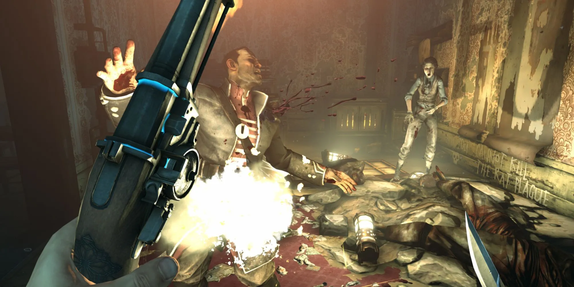 Corvo Attano thực hiện pha ám sát đẫm máu trong Dishonored, thể hiện sự căng thẳng của lối chơi lén lút và hậu quả của sơ suất.
